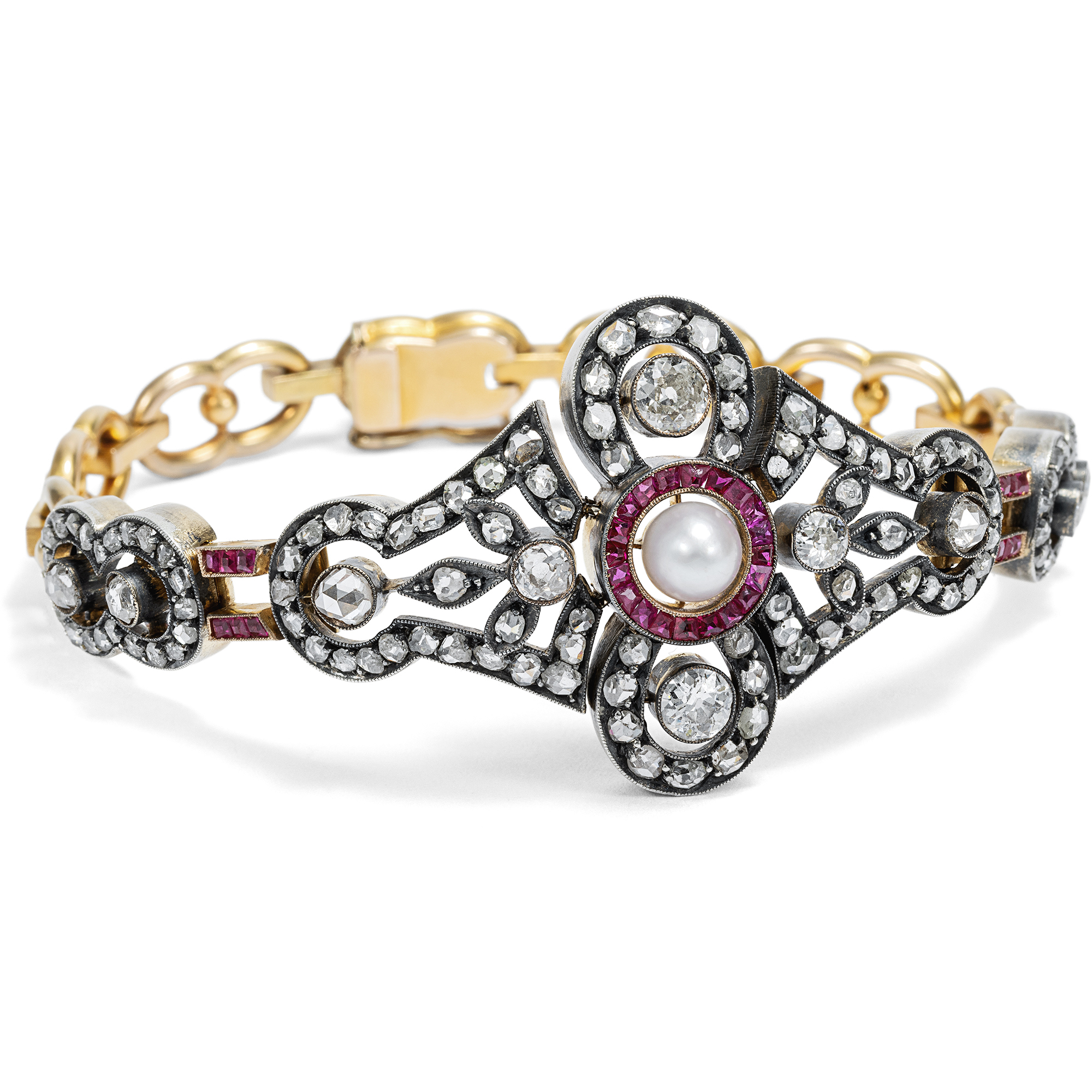 Prachtvolles Armband mit Naturperle & Diamanten, um 1905