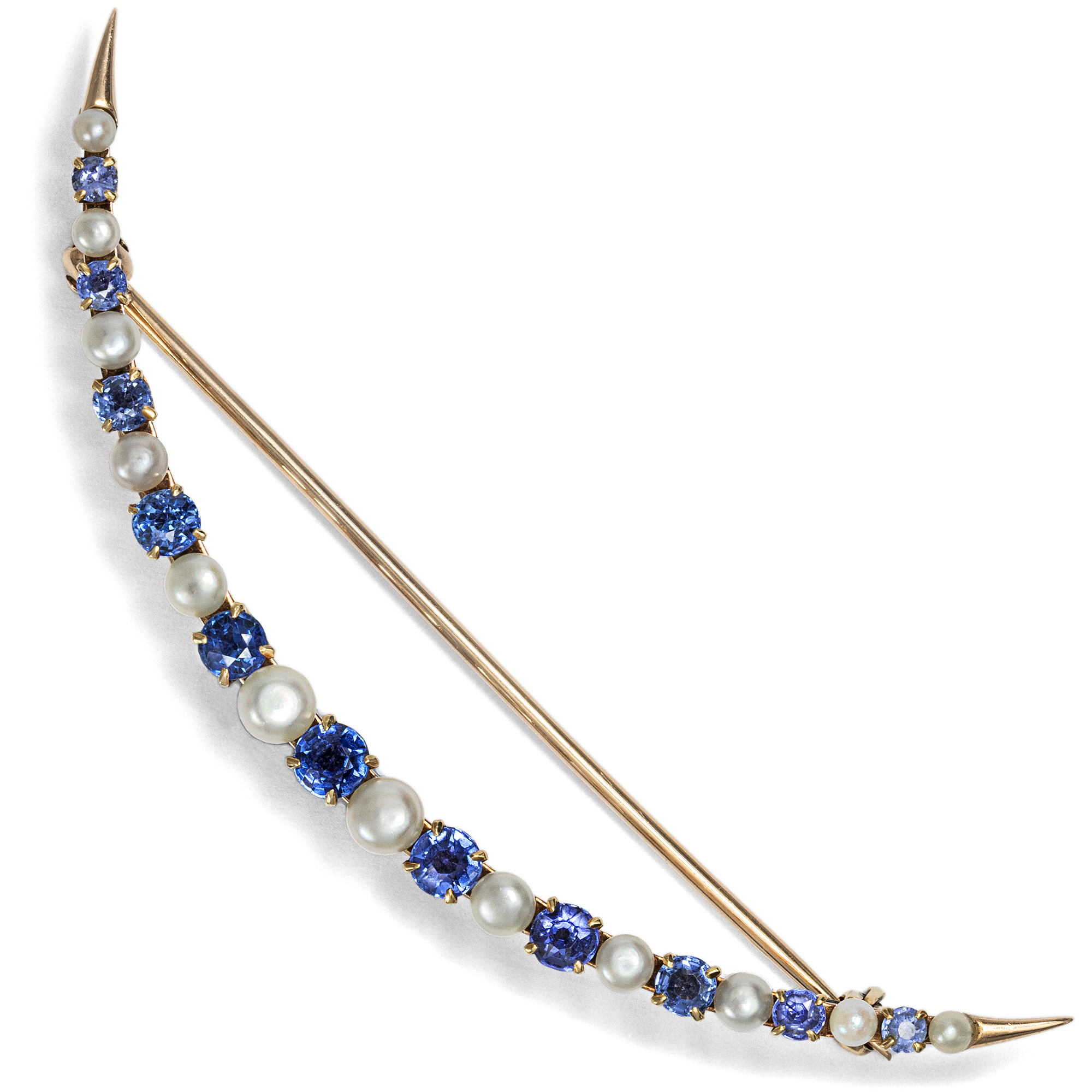 Antique Crescent Moon Brooch with Sapphires & Pearls, c. 1910