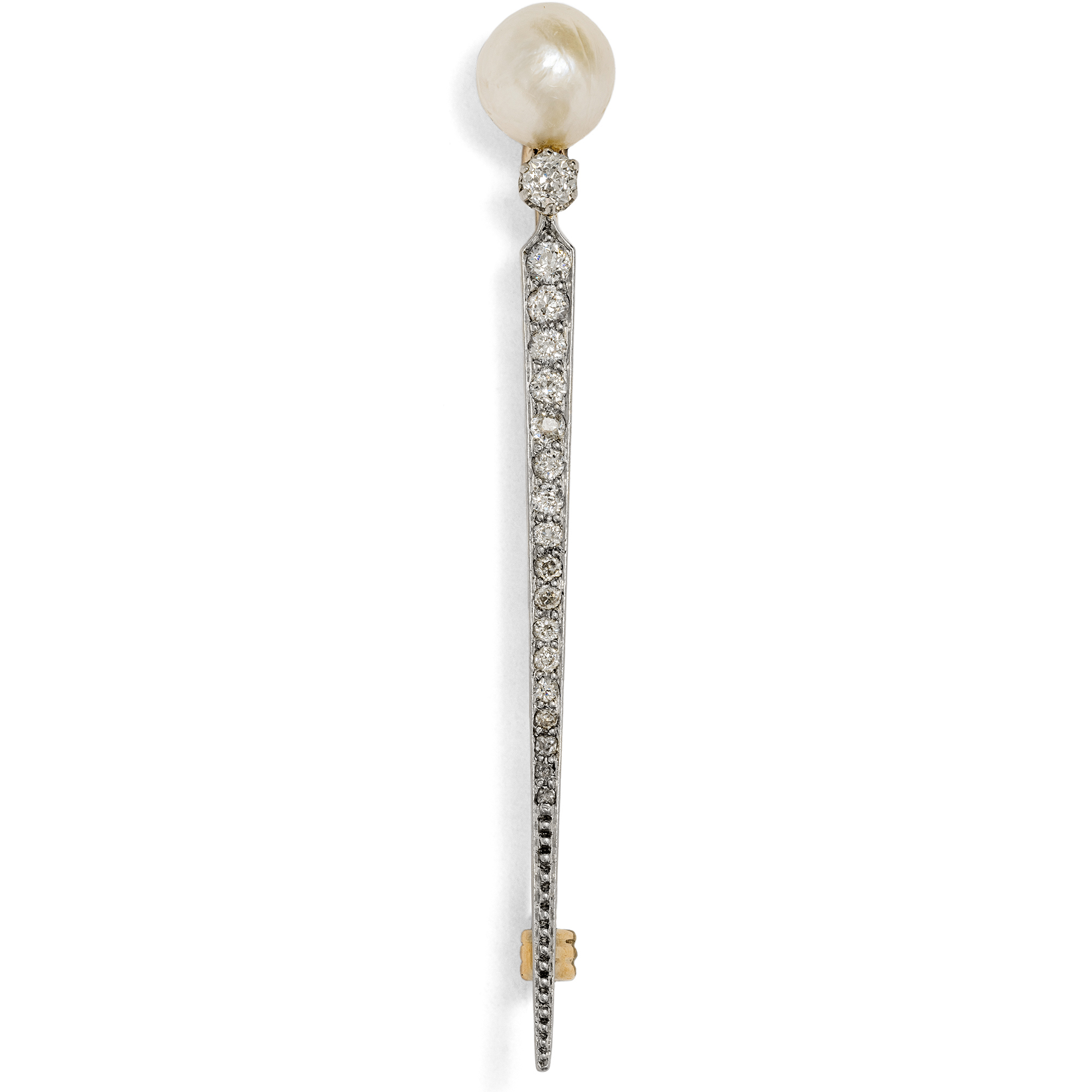 Elegant Bar Brooch With Natural Pearl & Diamonds, Lübeck Around 1910