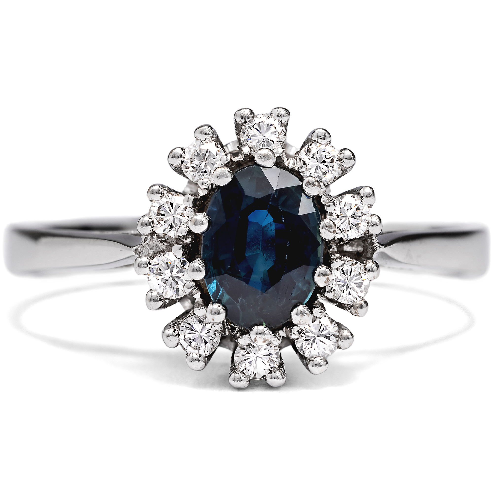 Vintage Cluster Ring with Sapphire and Brilliants in White Gold, c. 1970