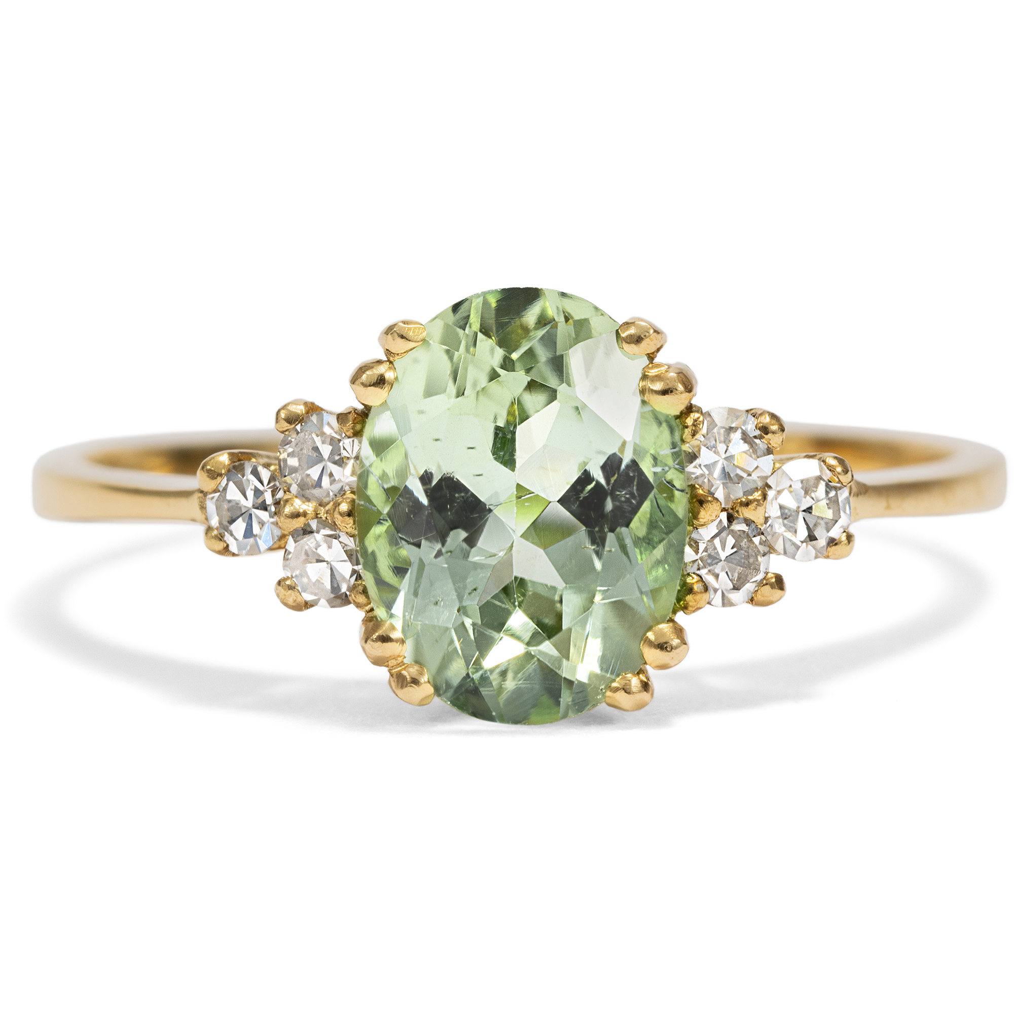 Unworn Ring with Lime Green Tourmaline & Diamonds in Gold from Our Workshop