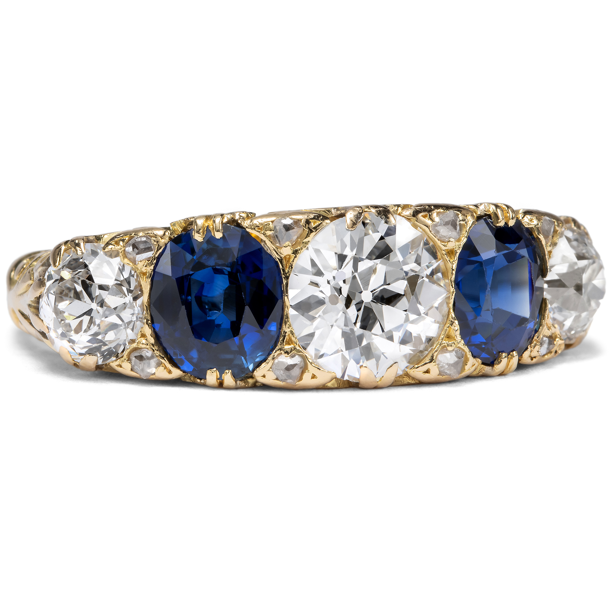 Victorian 5-Stone Gold Ring with Blue Sapphires & 2.10 ct Diamonds, British, c. 1900