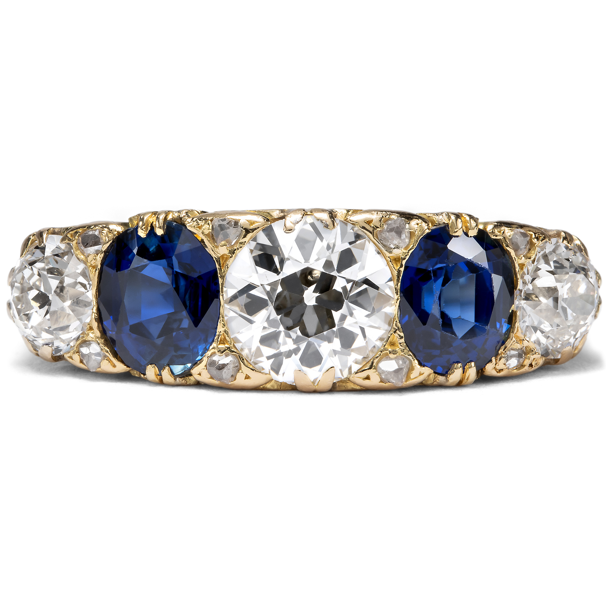 Victorian 5-Stone Gold Ring with Blue Sapphires & 2.10 ct Diamonds, British, c. 1900