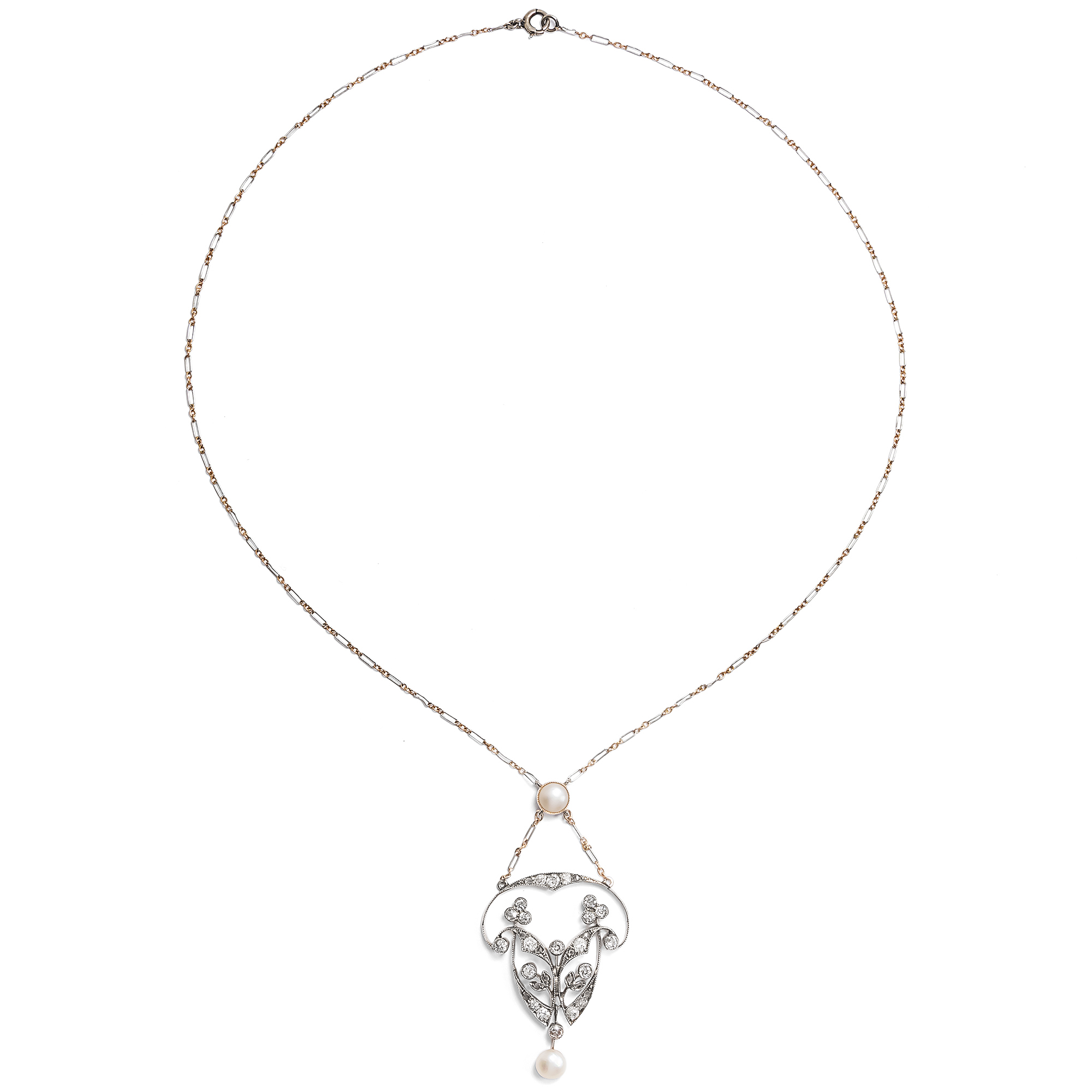 Zartes Collier mit Diamanten & Perlen in Platin & Gold, um 1905 Zartes Collier mit Diamanten & Perlen in Platin & Gold, um 1905