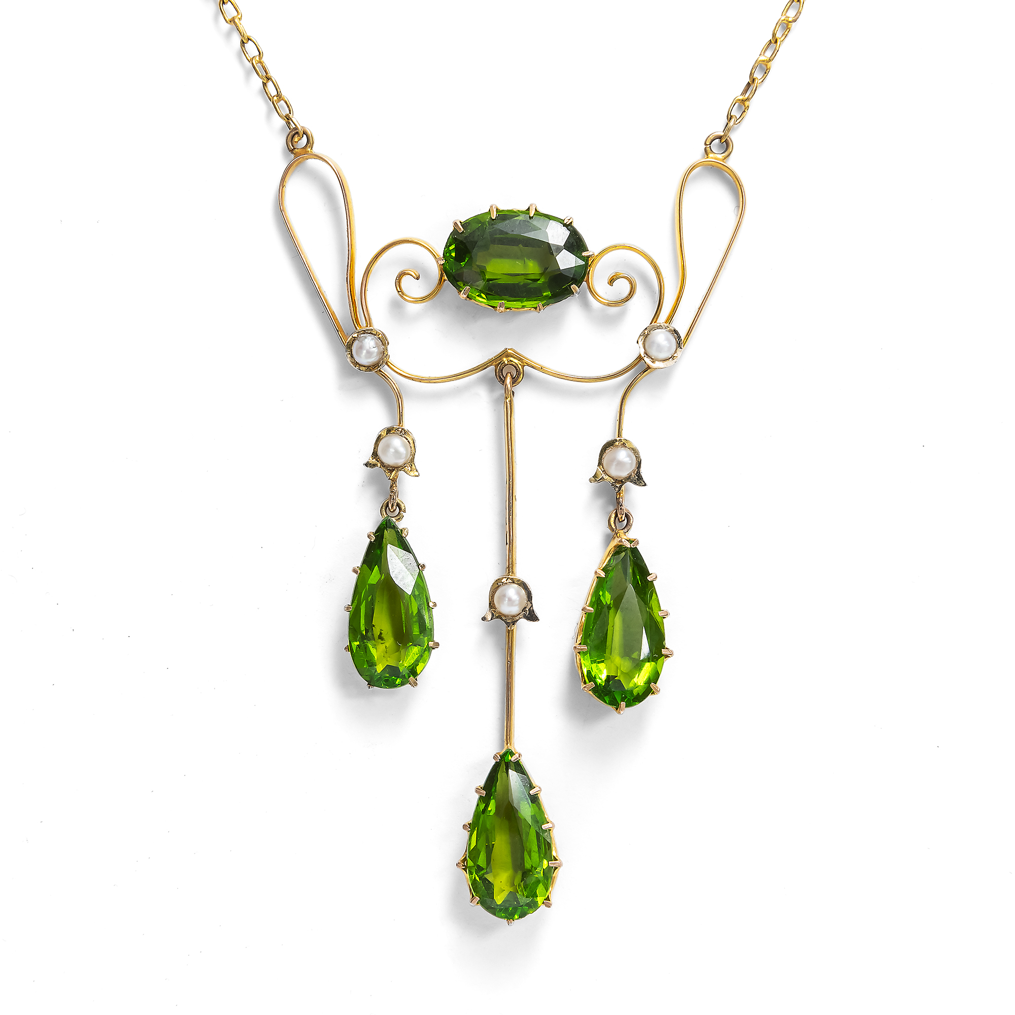 Zartes Collier mit Perlen und Granat-Glas-Doubletten in der Farbe von Peridot, um 1905