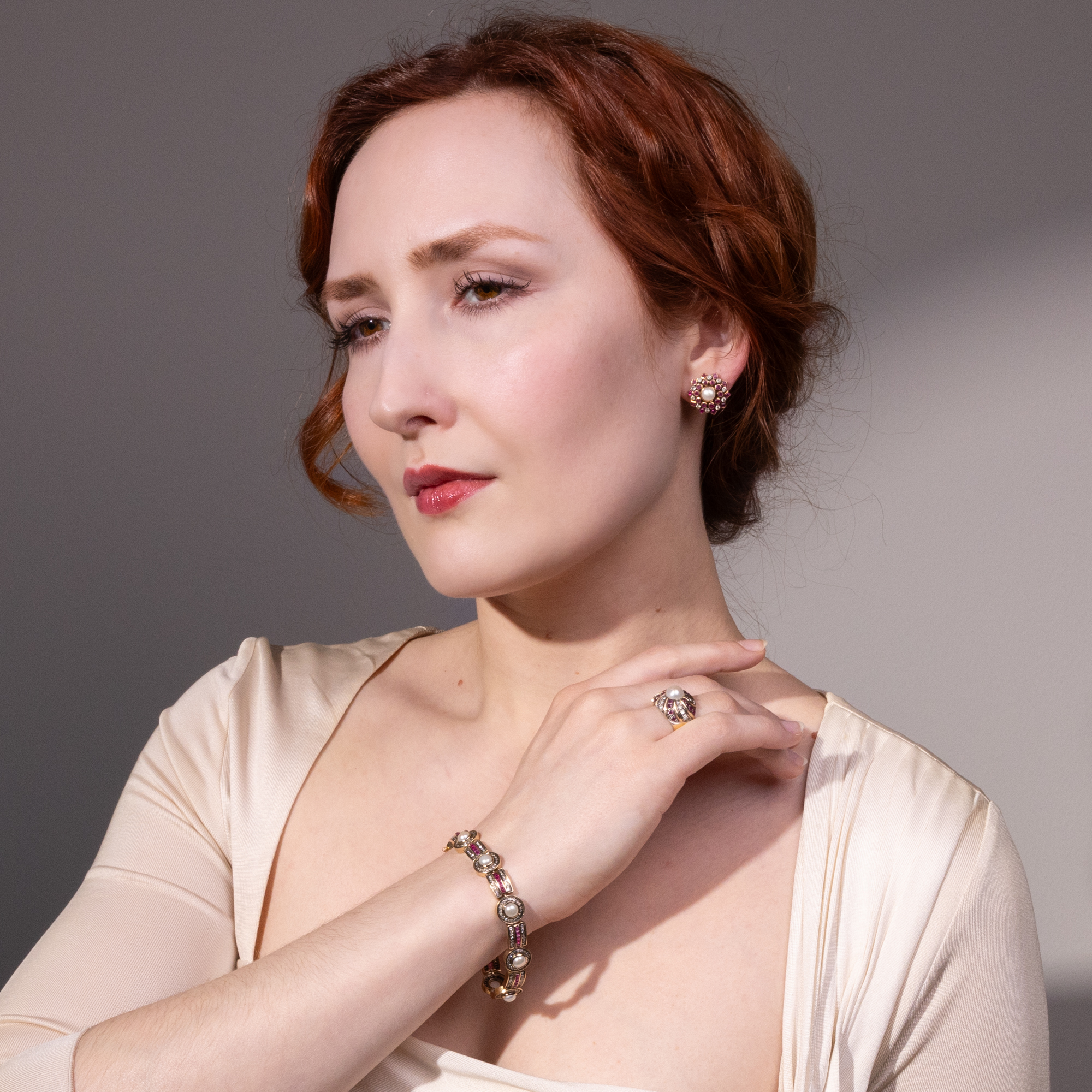 Prächtiges vintage Set mit Rubinen, Diamanten & Perlen in Gold, 1980er Jahre Prächtiges vintage Set mit Rubinen, Diamanten & Perlen in Gold, 1980er Jahre