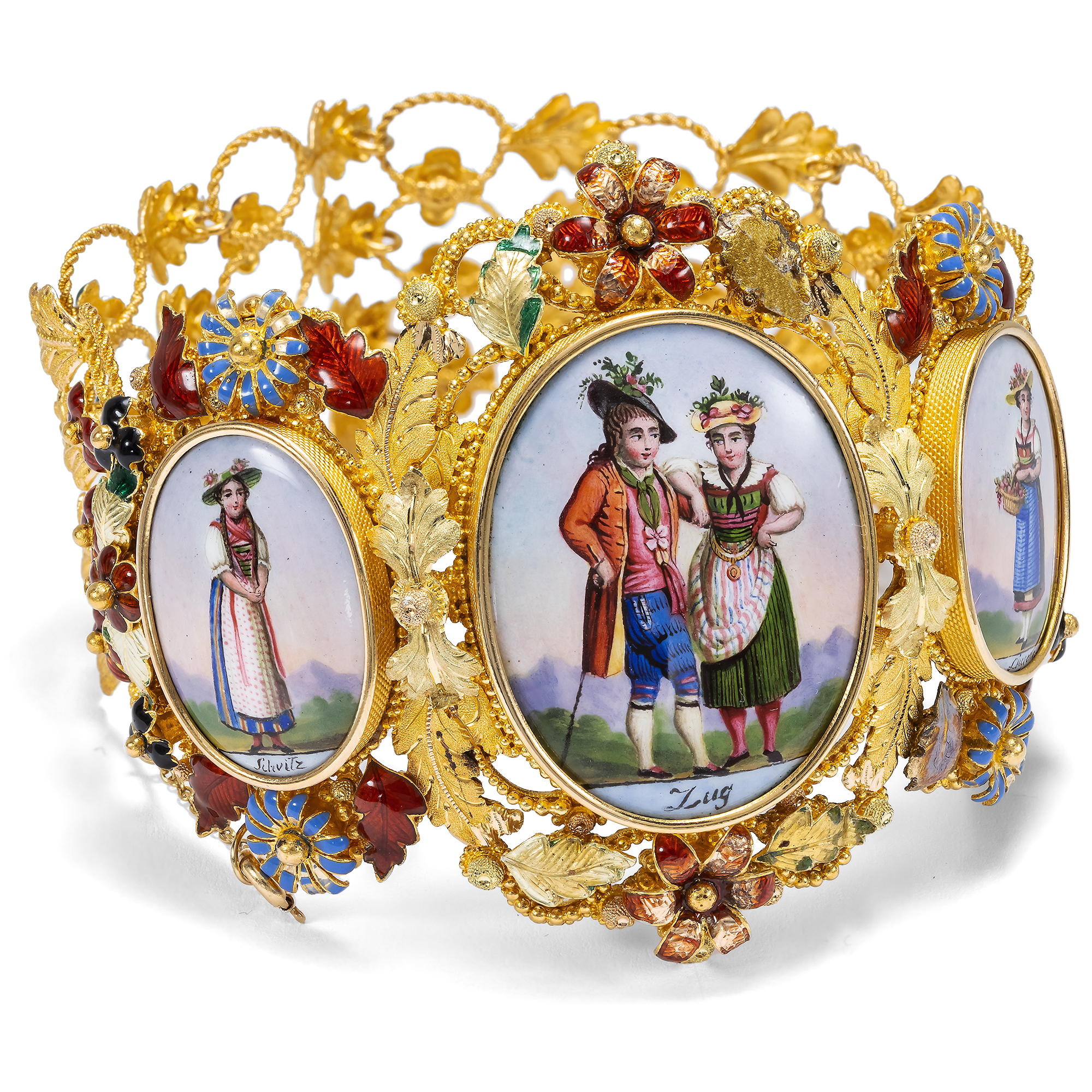 Magnificent Bracelet with Geneva Enamel Painting in Gold, c. 1830