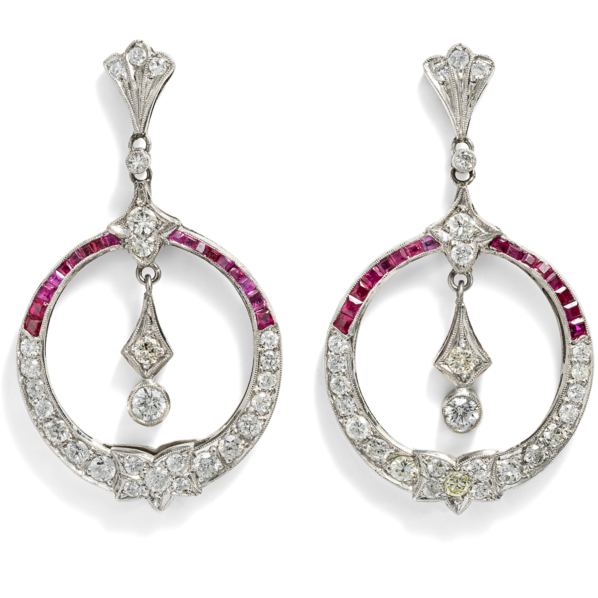 Large Edwardian-Inspired Diamond & Ruby Earrings, c. 2000 Large Edwardian-Inspired Diamond & Ruby Earrings, c. 2000