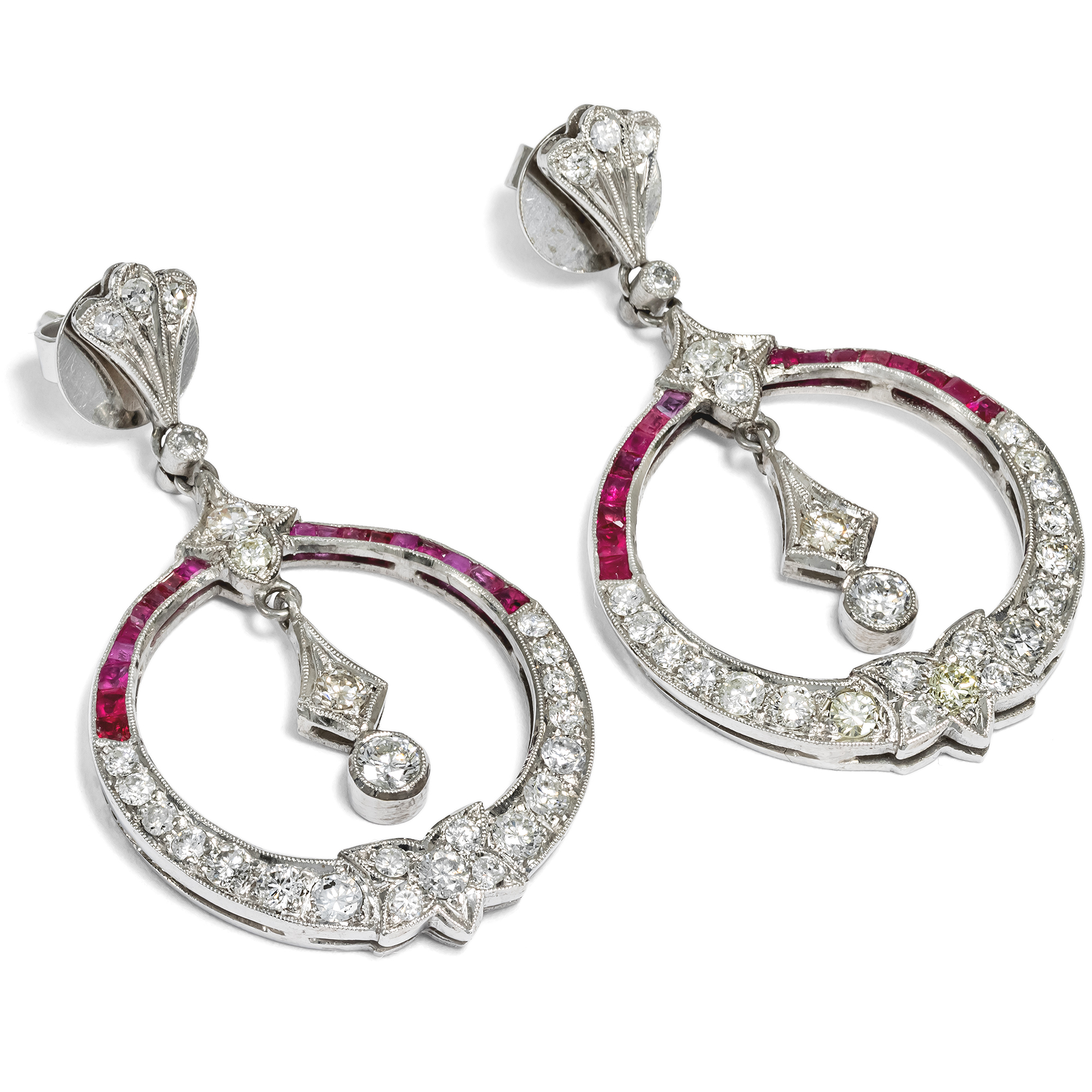 Large Edwardian-Inspired Diamond & Ruby Earrings, c. 2000 Large Edwardian-Inspired Diamond & Ruby Earrings, c. 2000