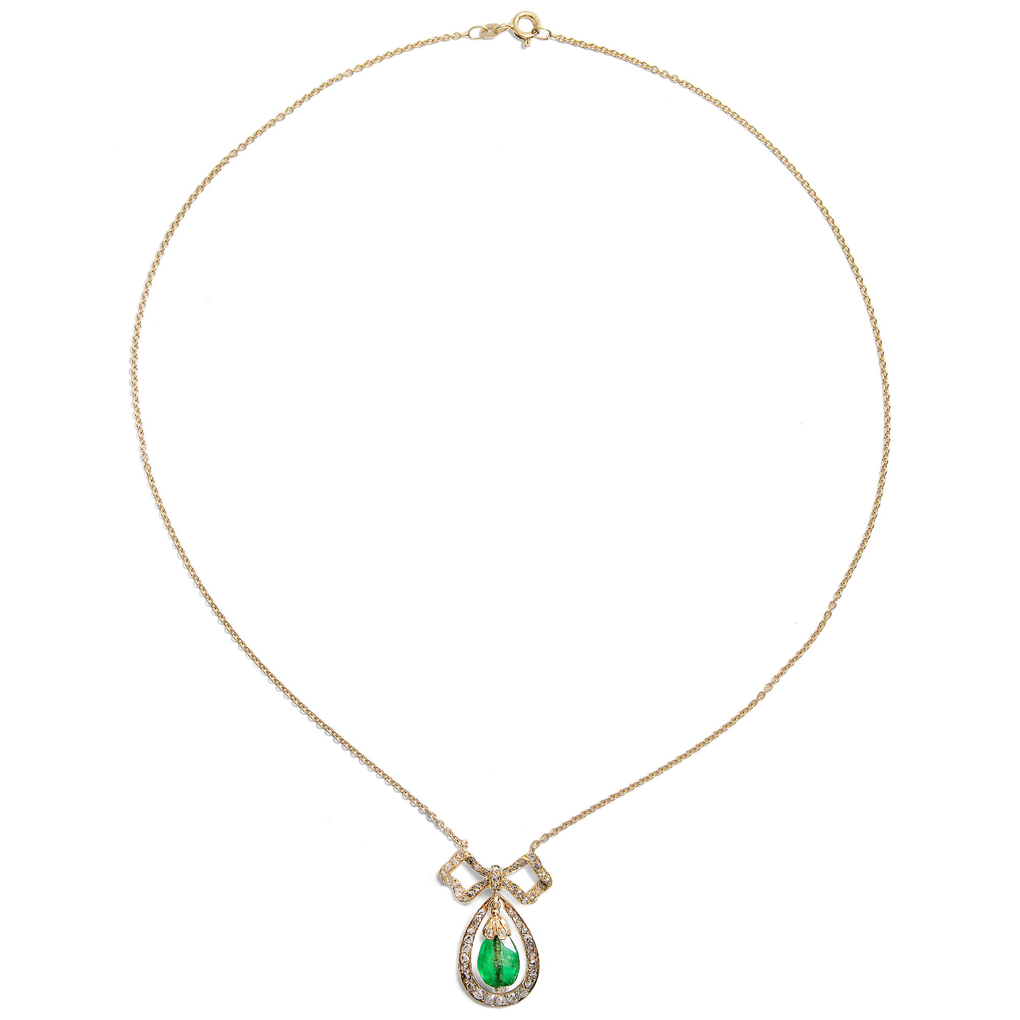 Elegantes Collier mit Smaragd-Briolette und Diamanten in Gold, um 1910 & später Elegantes Collier mit Smaragd-Briolette und Diamanten in Gold, um 1910 & später