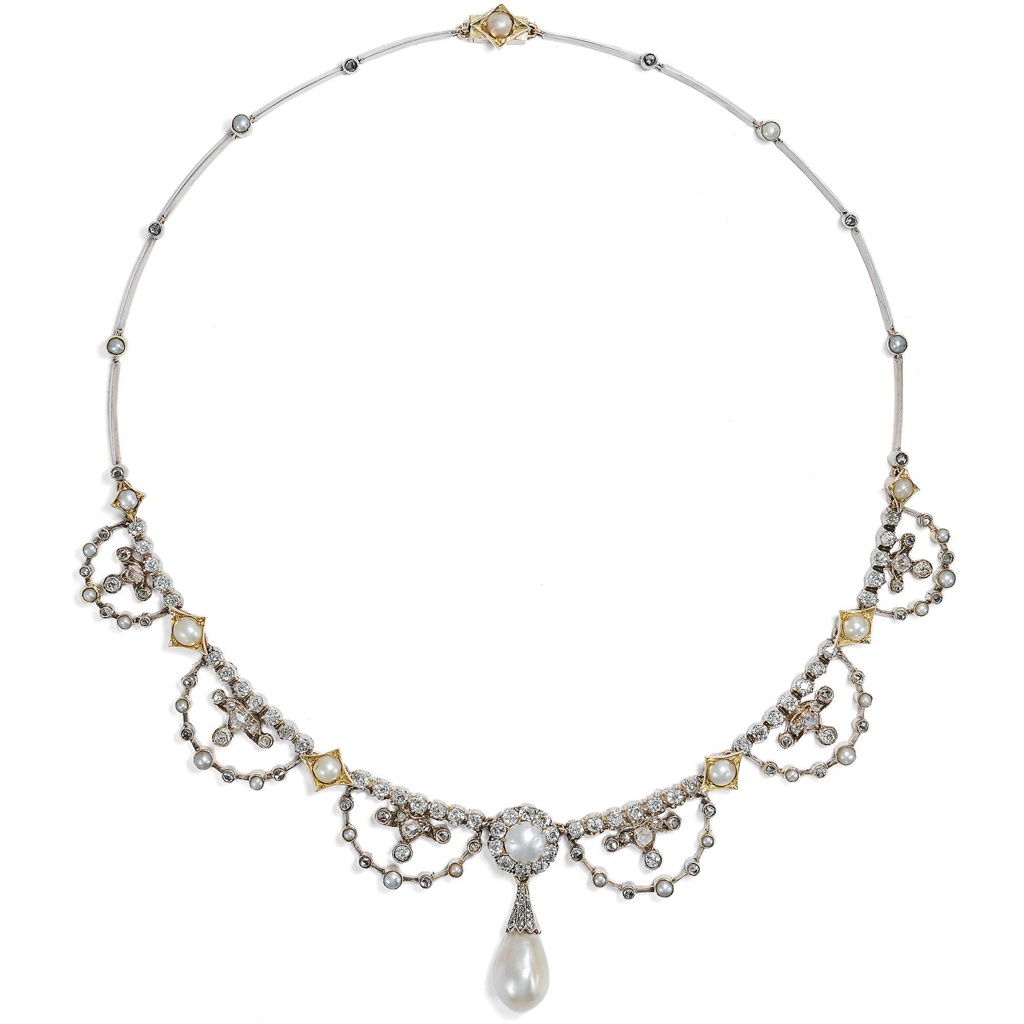 Prachtvolles Collier mit Diamanten & Naturperlen, um 1895