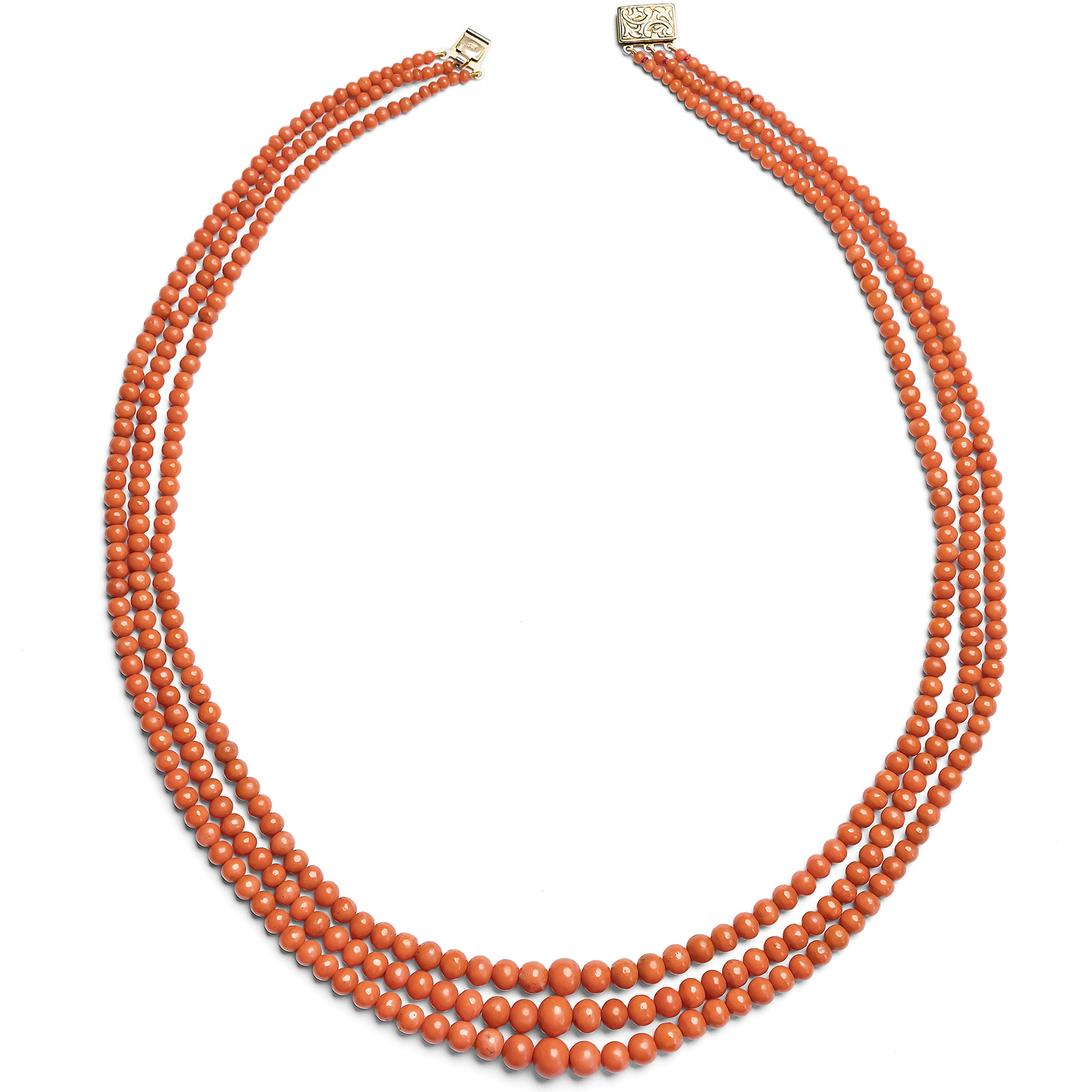 Long And Magnificent Antique Sciacca Coral Necklace In Three Rows, Circa 1900