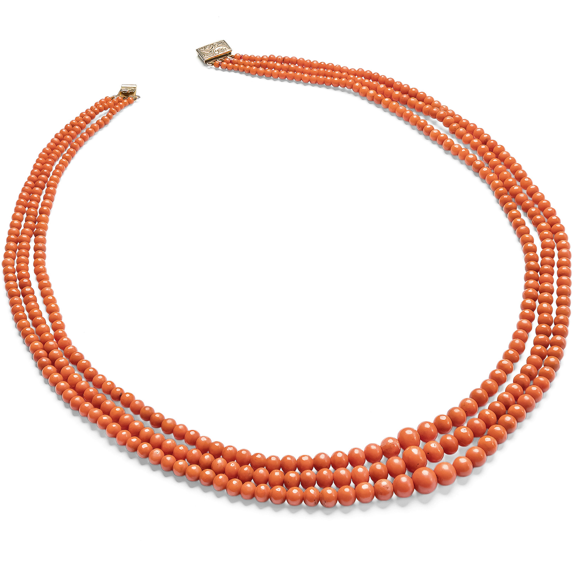 Long And Magnificent Antique Sciacca Coral Necklace In Three Rows, Circa 1900