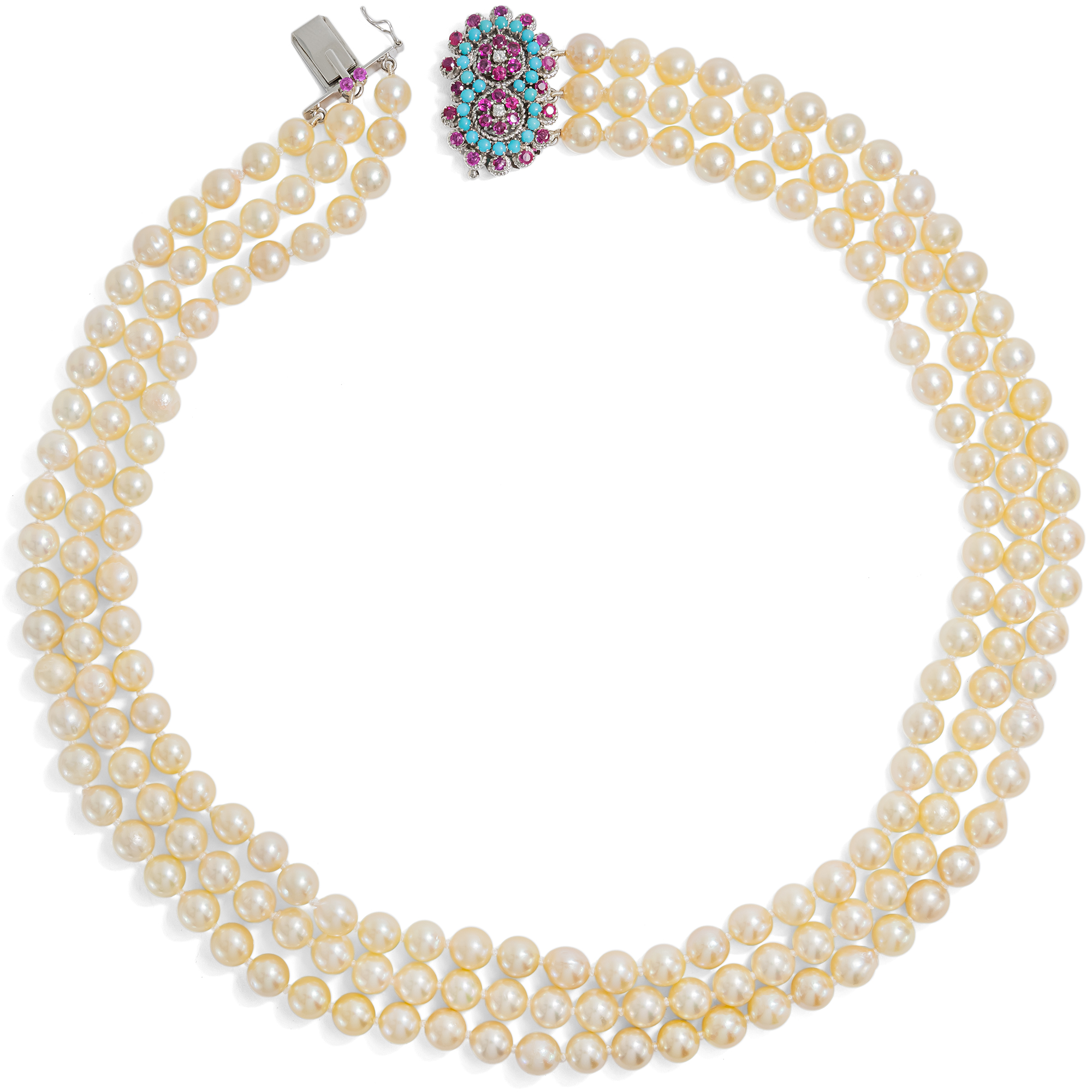 Vintage Collier aus drei Reihen Akoyaperlen mit prachtvoller Schließe, um 1975 Vintage Collier aus drei Reihen Akoyaperlen mit prachtvoller Schließe, um 1975