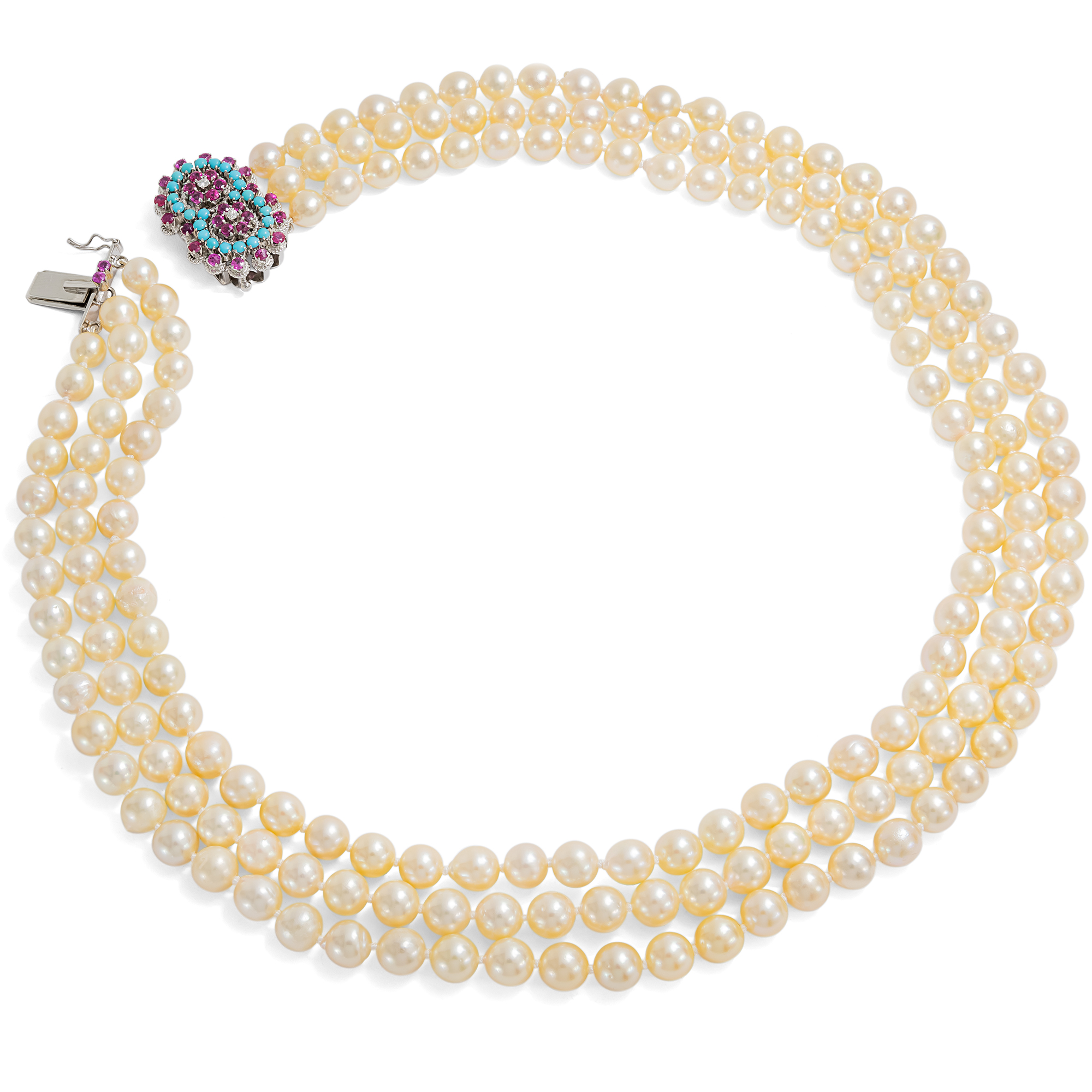 Vintage Collier aus drei Reihen Akoyaperlen mit prachtvoller Schließe, um 1975 Vintage Collier aus drei Reihen Akoyaperlen mit prachtvoller Schließe, um 1975