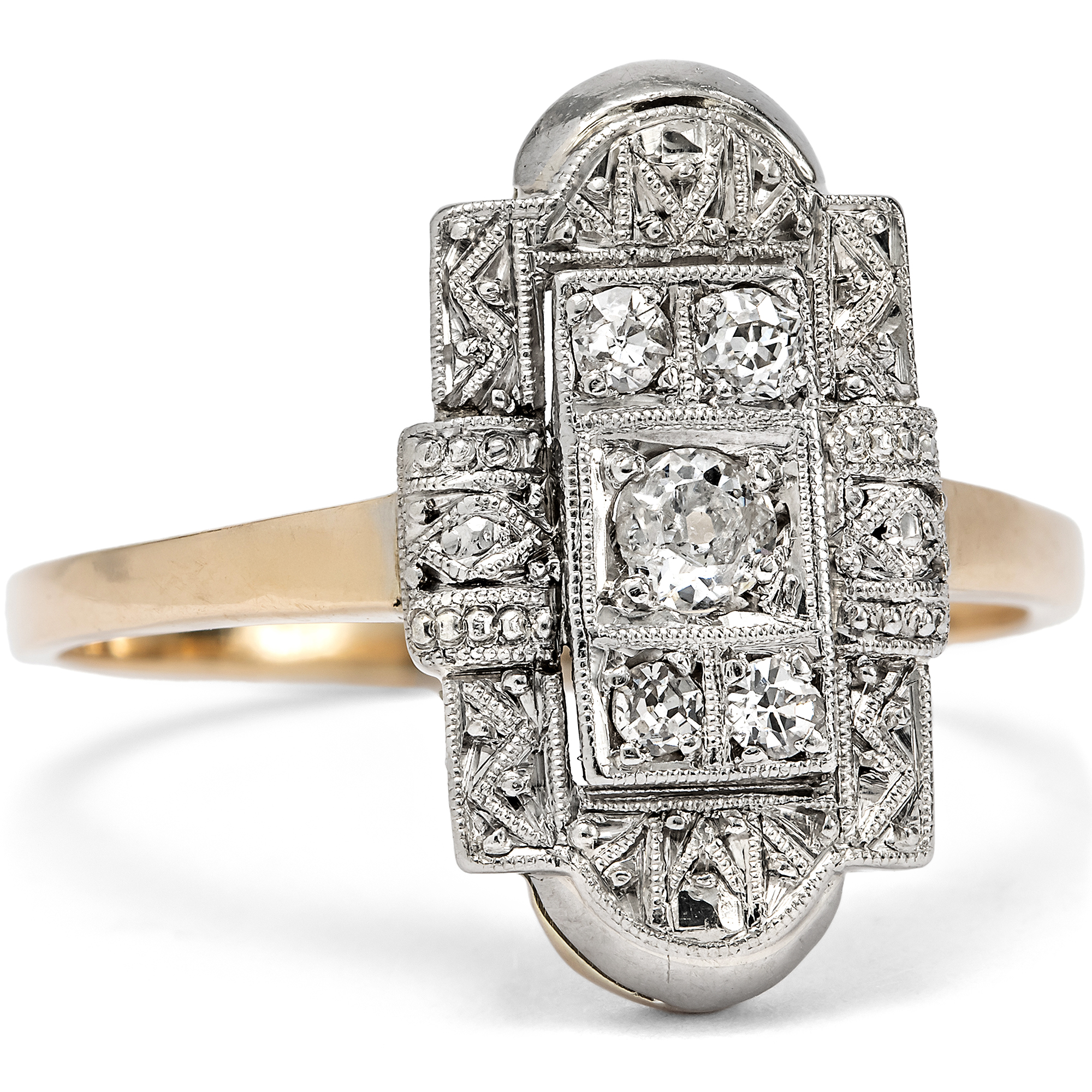 Elegant Déco Shield Ring with Diamonds in Platinum on Gold, c. 1930 Elegant Déco Shield Ring with Diamonds in Platinum on Gold, c. 1930