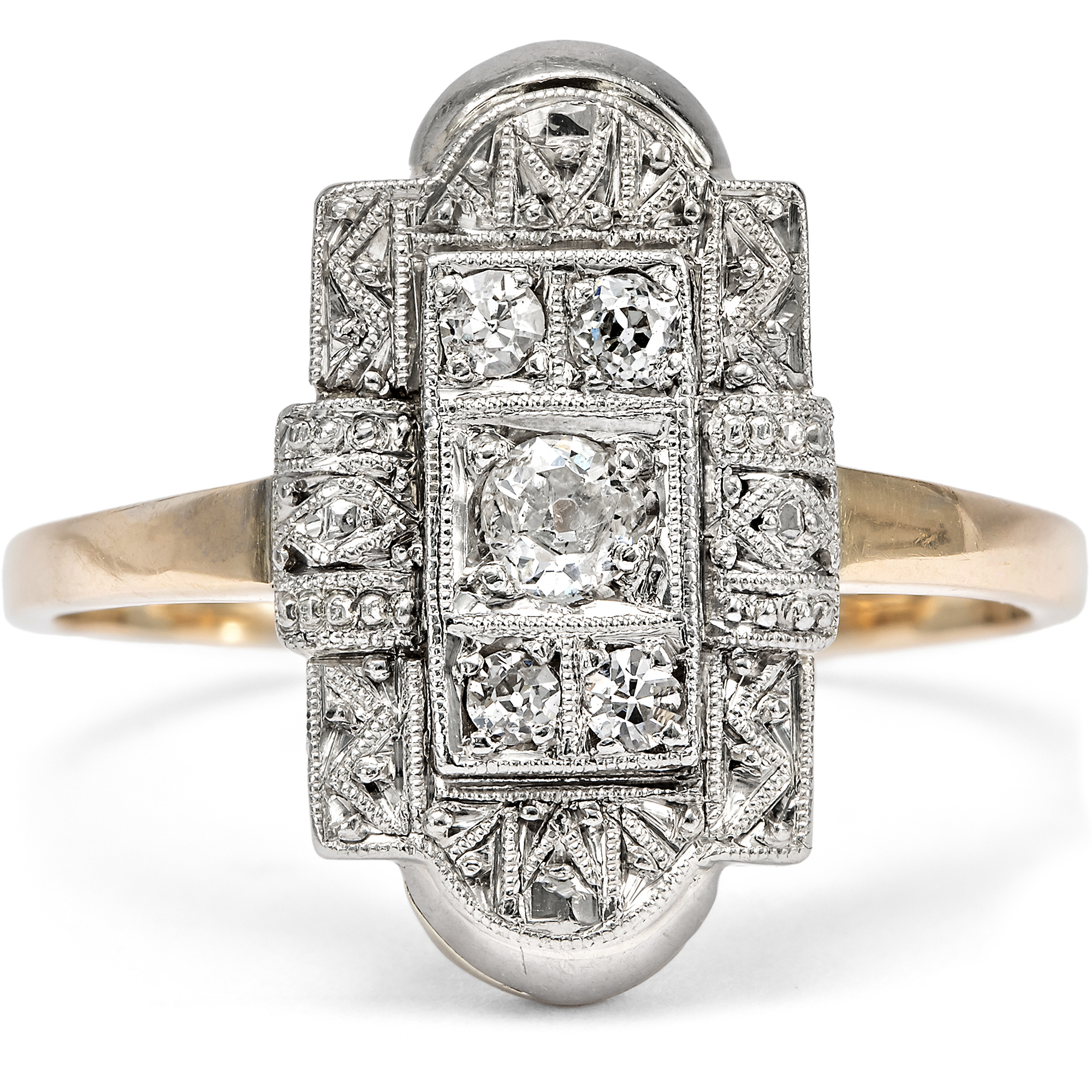 Elegant Déco Shield Ring with Diamonds in Platinum on Gold, c. 1930 Elegant Déco Shield Ring with Diamonds in Platinum on Gold, c. 1930