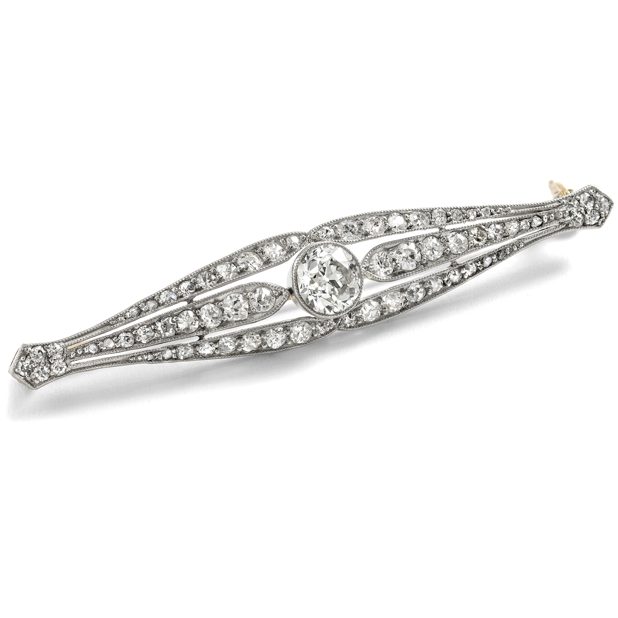 Elegant Brooch with 2.30 ct Old Cut Diamonds In Platinum & Gold, c. 1915