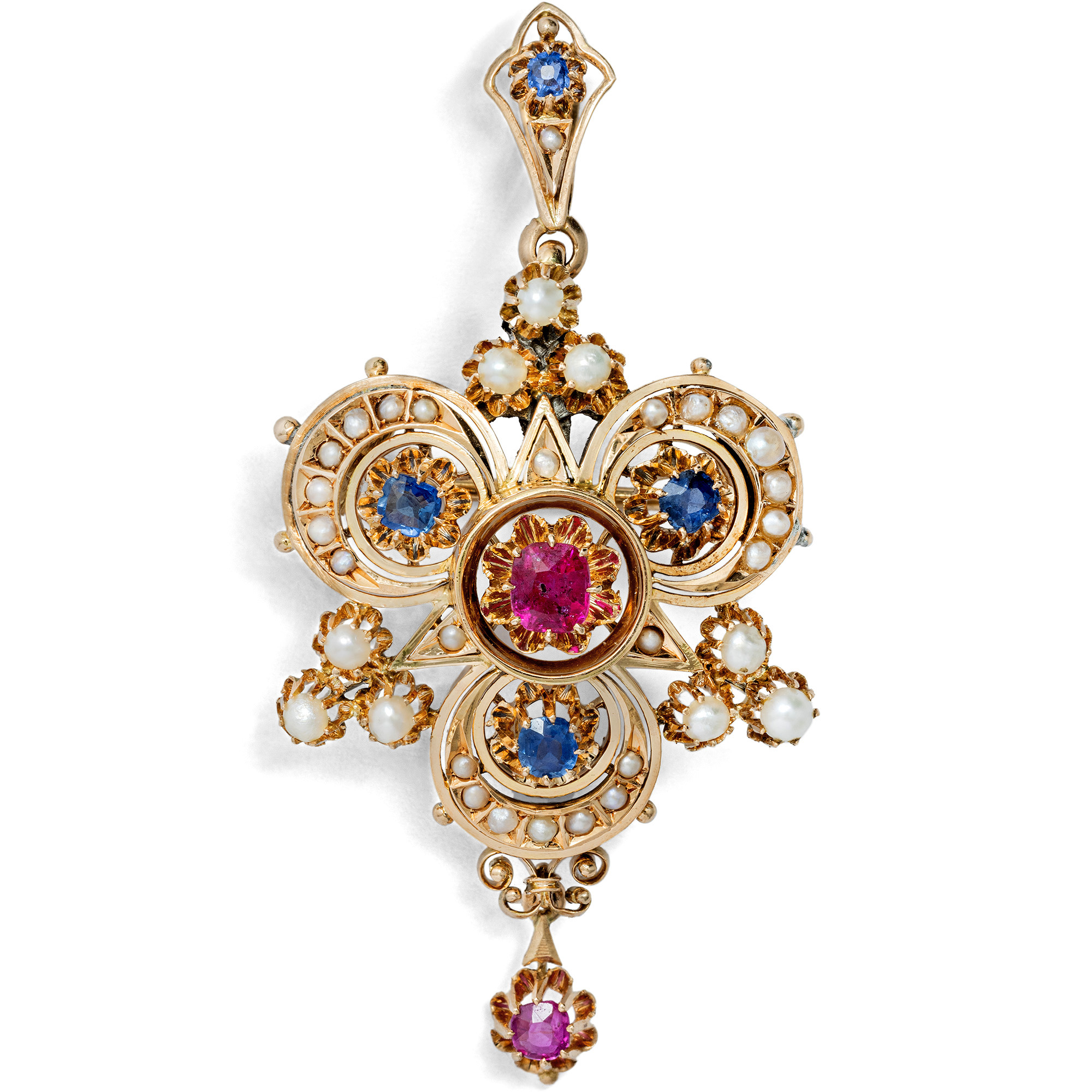 Antique Pendant Brooch with Pearls & Natural Spinels in Gold, c. 1880