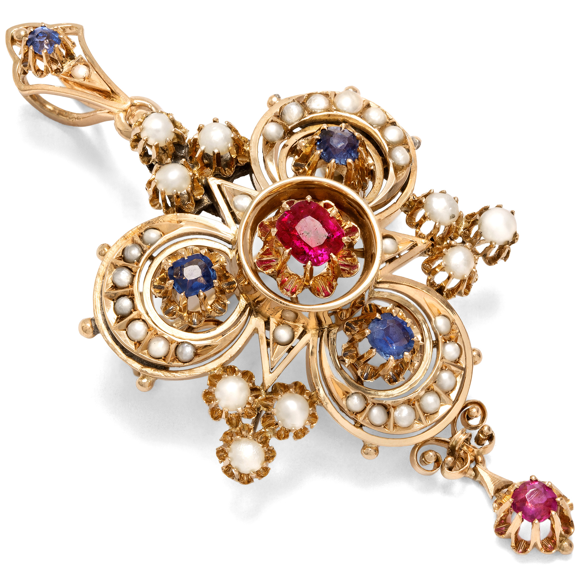 Antique Pendant Brooch with Pearls & Natural Spinels in Gold, c. 1880