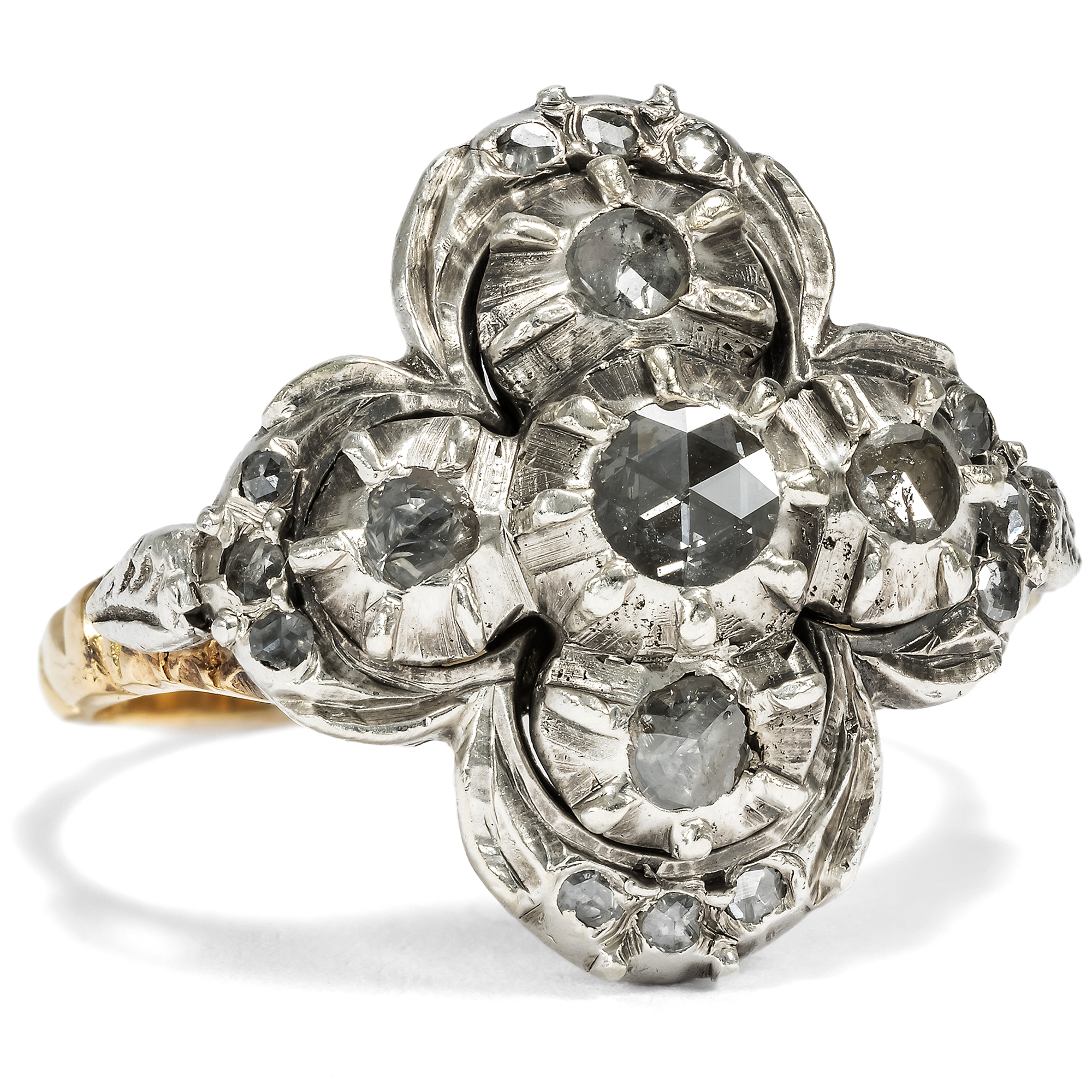 Vintage Ring with Diamond Roses in Gold & Silver, Netherlands c. 1955