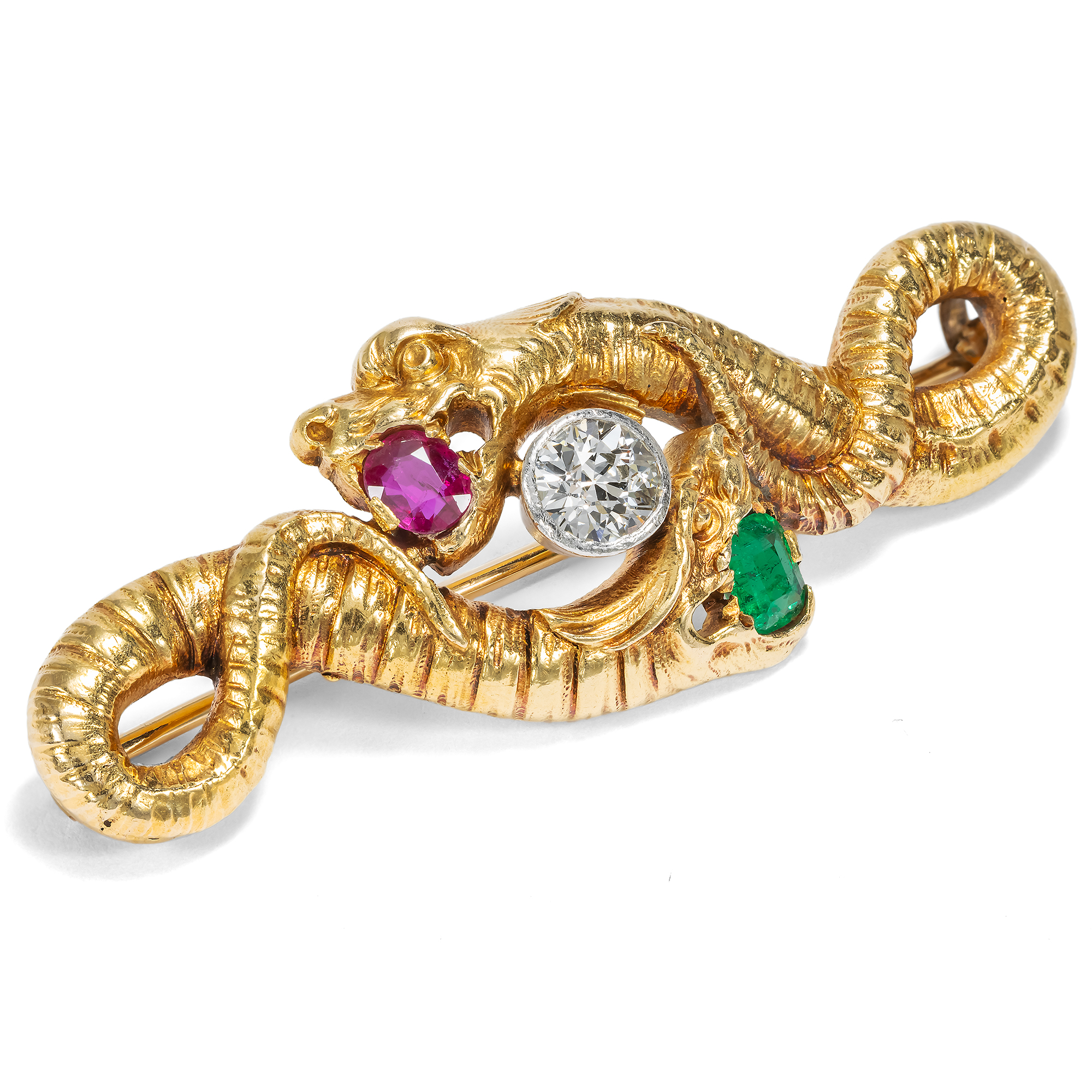 Kostbare Brosche mit Rubin, Smaragd & Diamant in Gold, um 1890