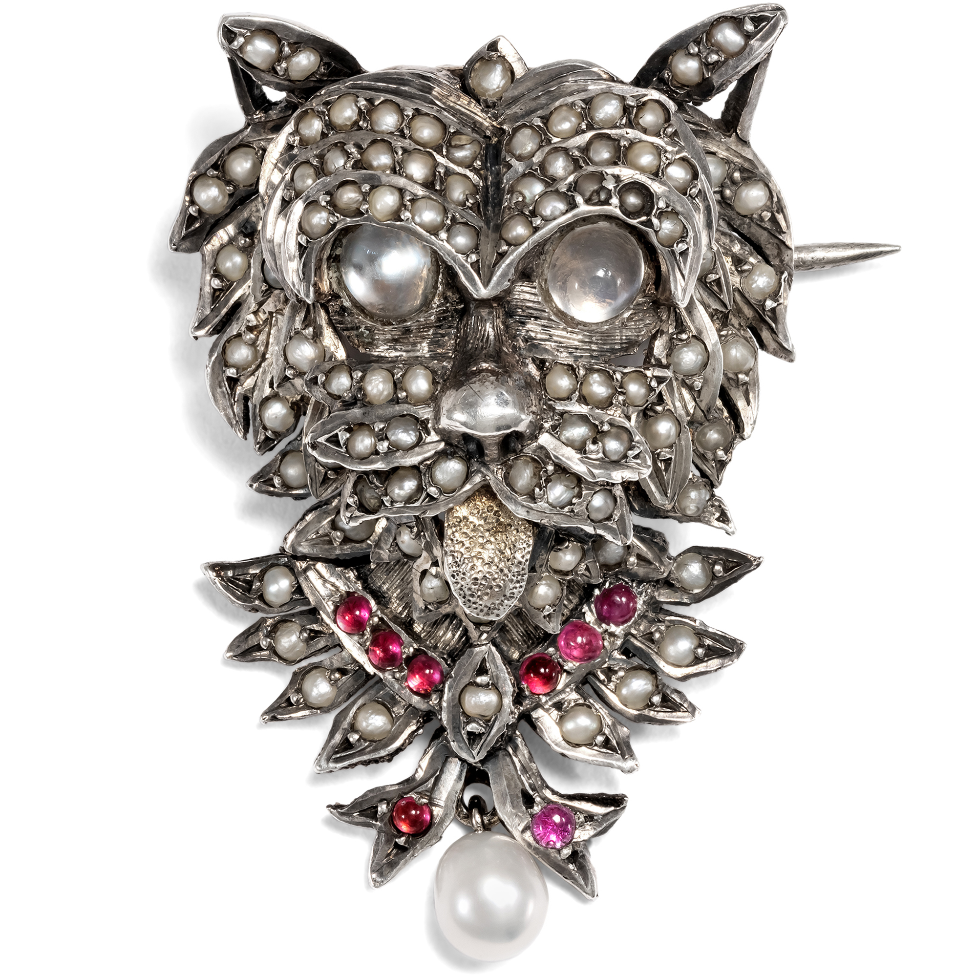 Unusual Silver Brooch in the Shape of a Dog's Head with Pearls, c. 1880 Unusual Silver Brooch in the Shape of a Dog's Head with Pearls, c. 1880