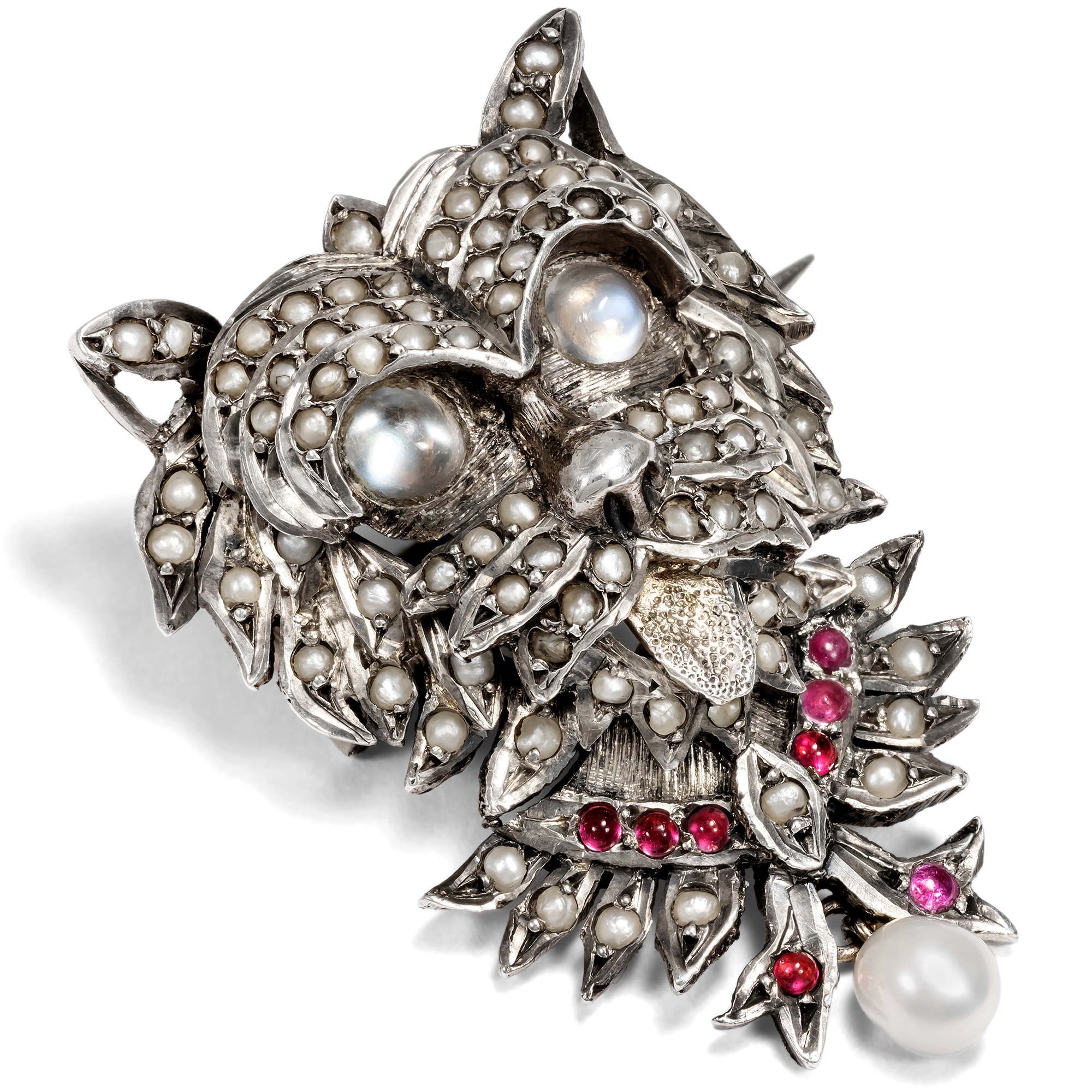 Unusual Silver Brooch in the Shape of a Dog's Head with Pearls, c. 1880 Unusual Silver Brooch in the Shape of a Dog's Head with Pearls, c. 1880
