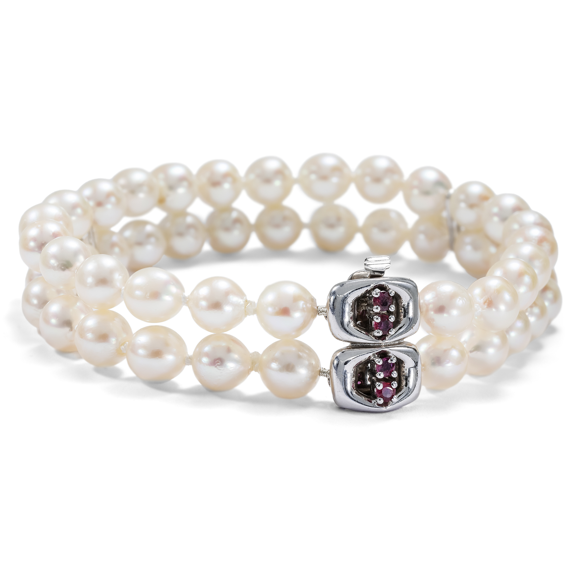 Vintage Two-Strand Cultured Pearl Bracelet with Ruby Clasp, c. 1970