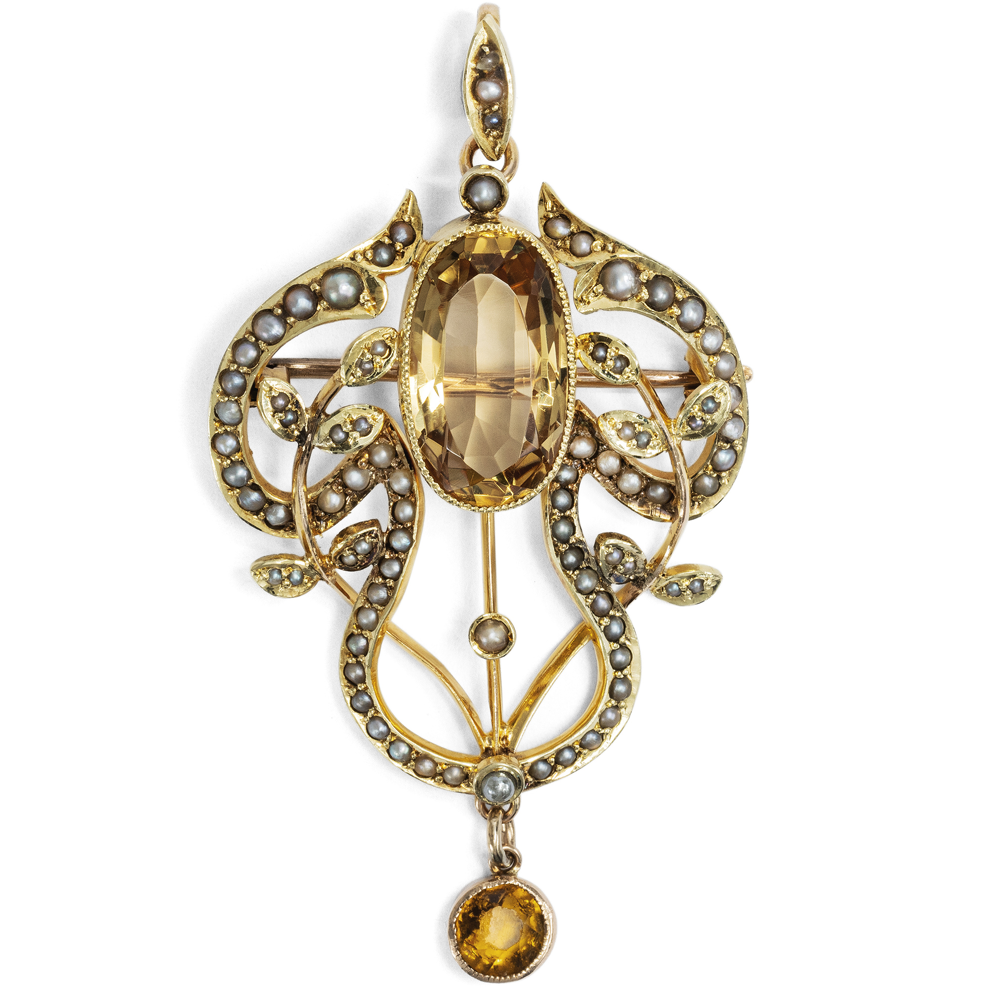 Antique Pendant Brooch With Citrines & Pearls in Gold, Great Britain Circa 1900