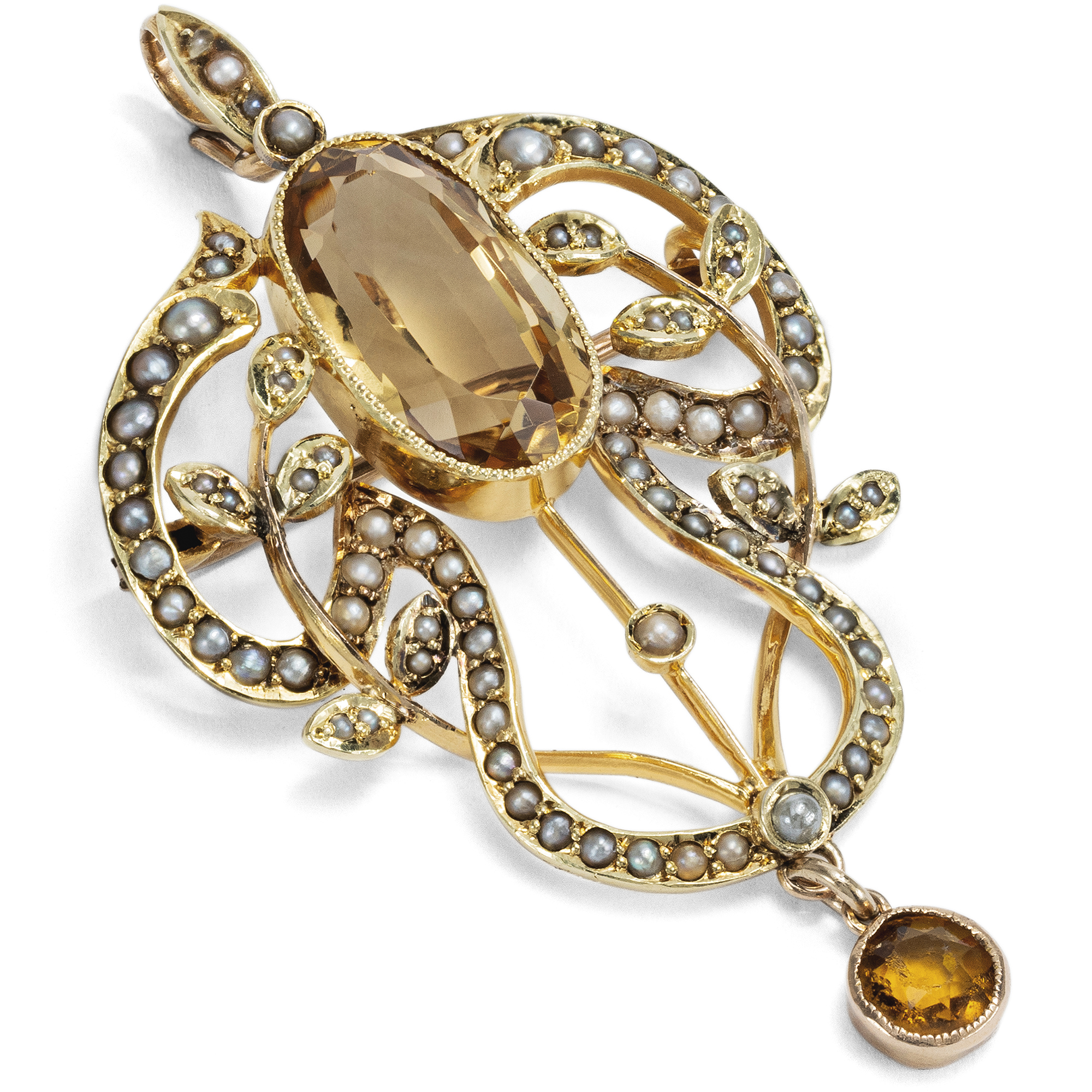 Antique Pendant Brooch With Citrines & Pearls in Gold, Great Britain Circa 1900