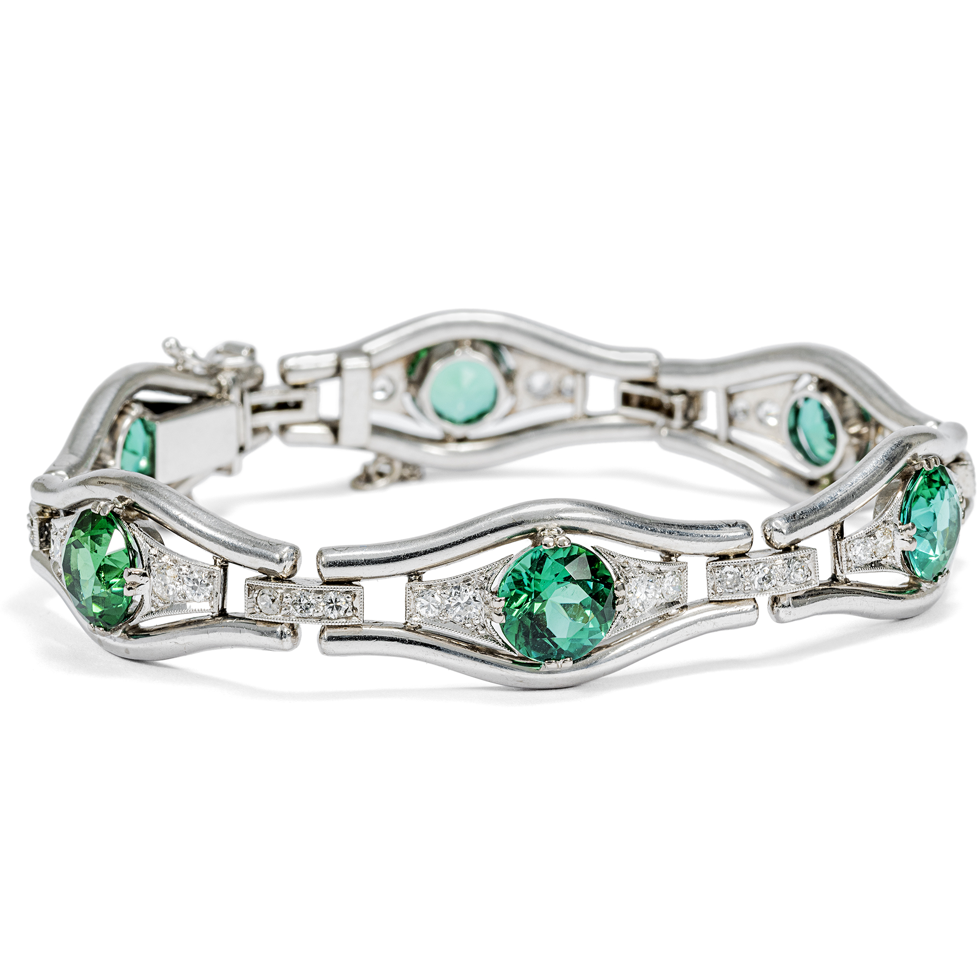 Elegant Green Tourmaline & Diamond Bracelet in White Gold, c. 1950