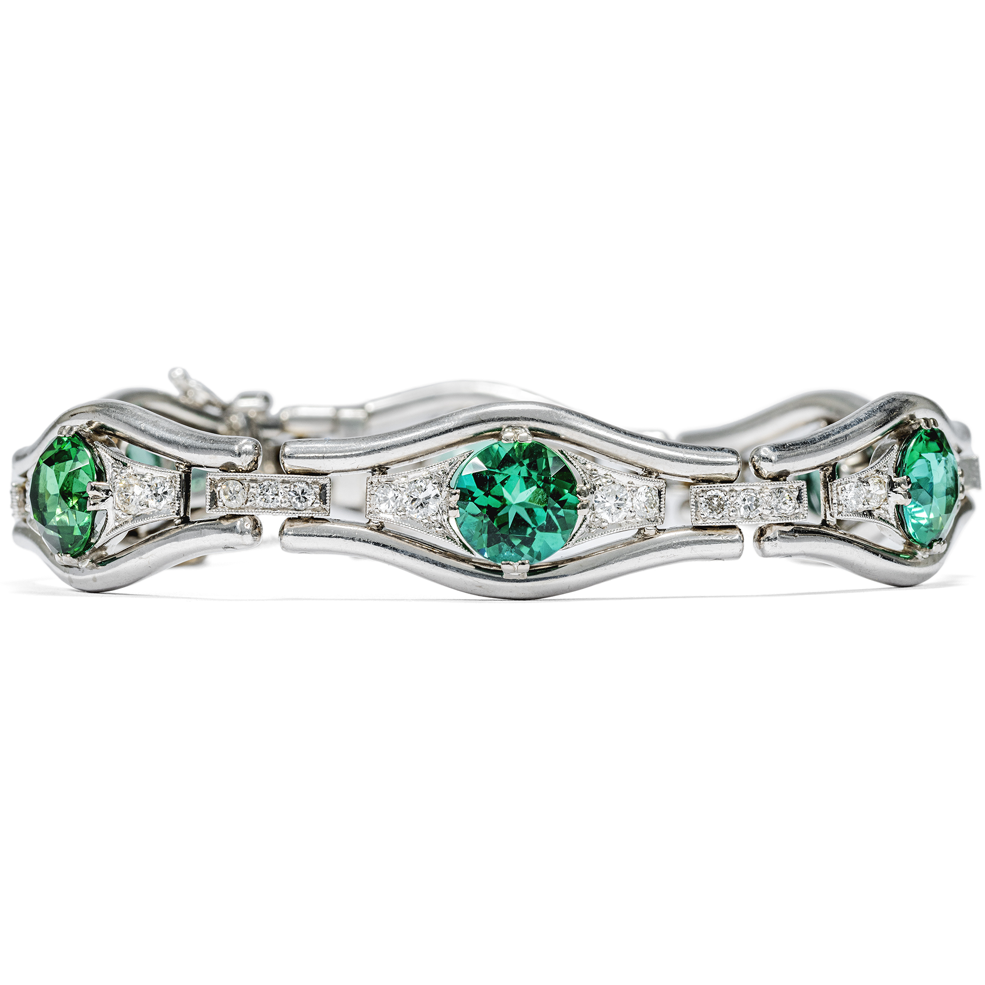 Elegant Green Tourmaline & Diamond Bracelet in White Gold, c. 1950