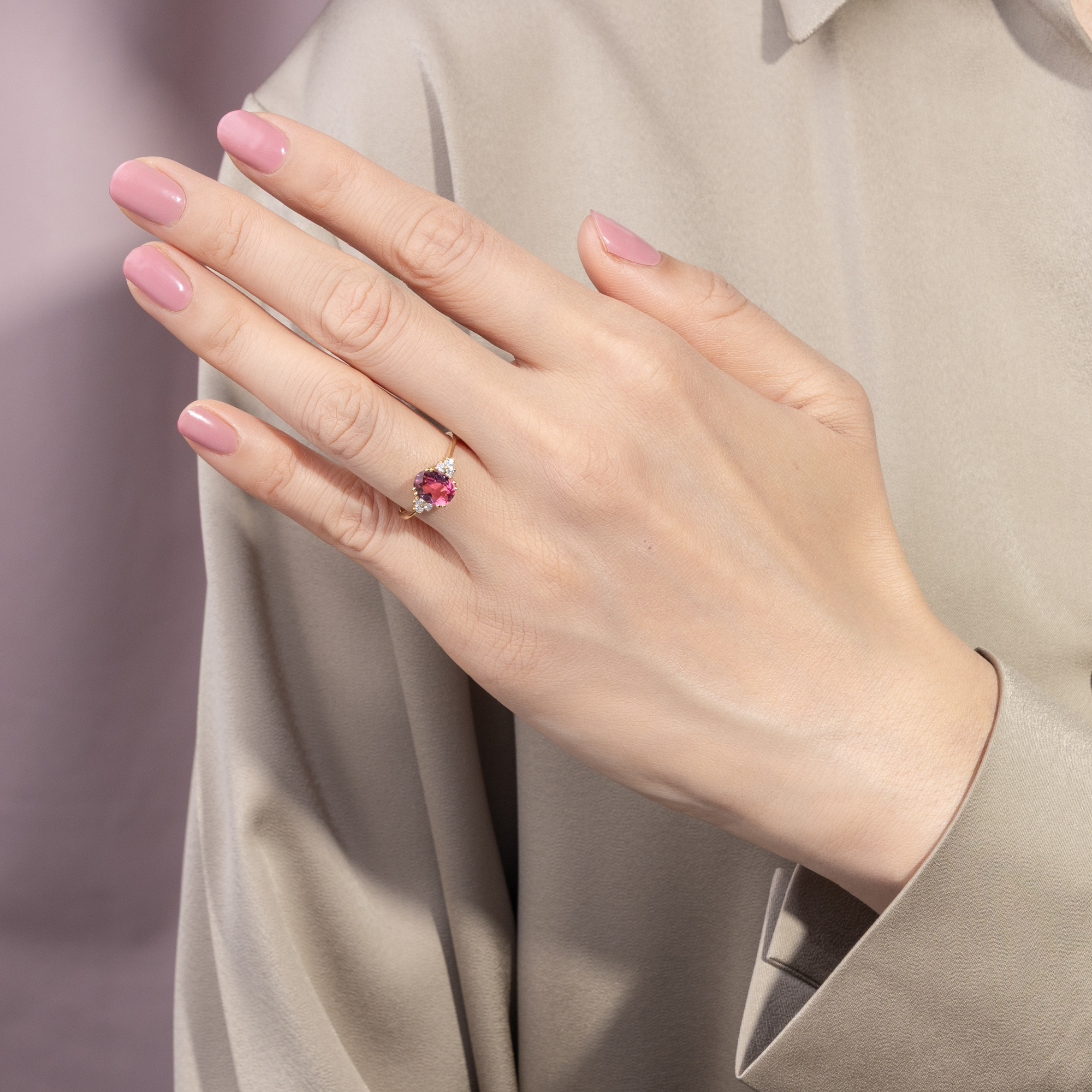 Unworn Gold Ring With Rosé Tourmaline & Diamonds From Our Workshop Unworn Gold Ring With Rosé Tourmaline & Diamonds From Our Workshop