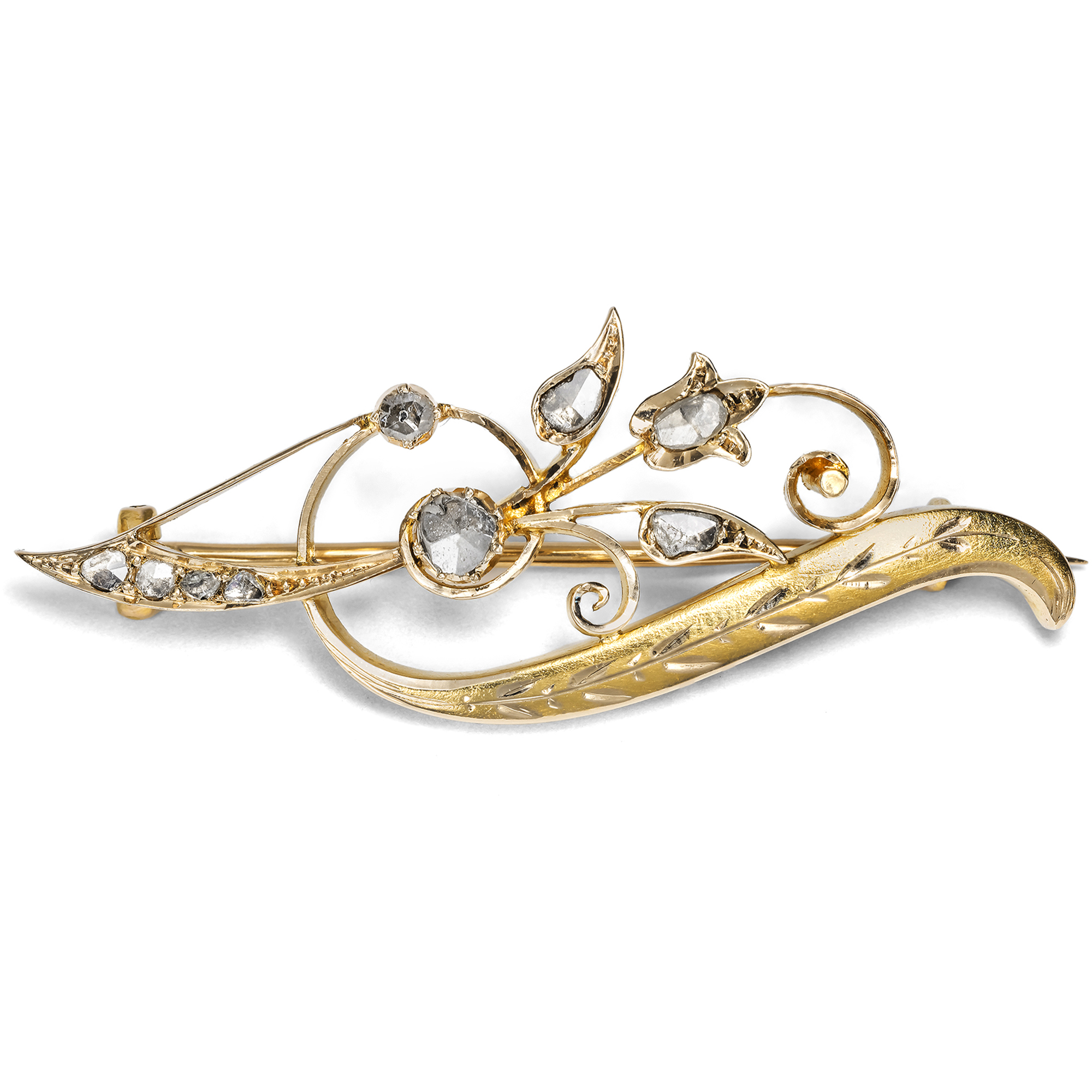 Antique brooch with diamond roses in gold, circa 1880