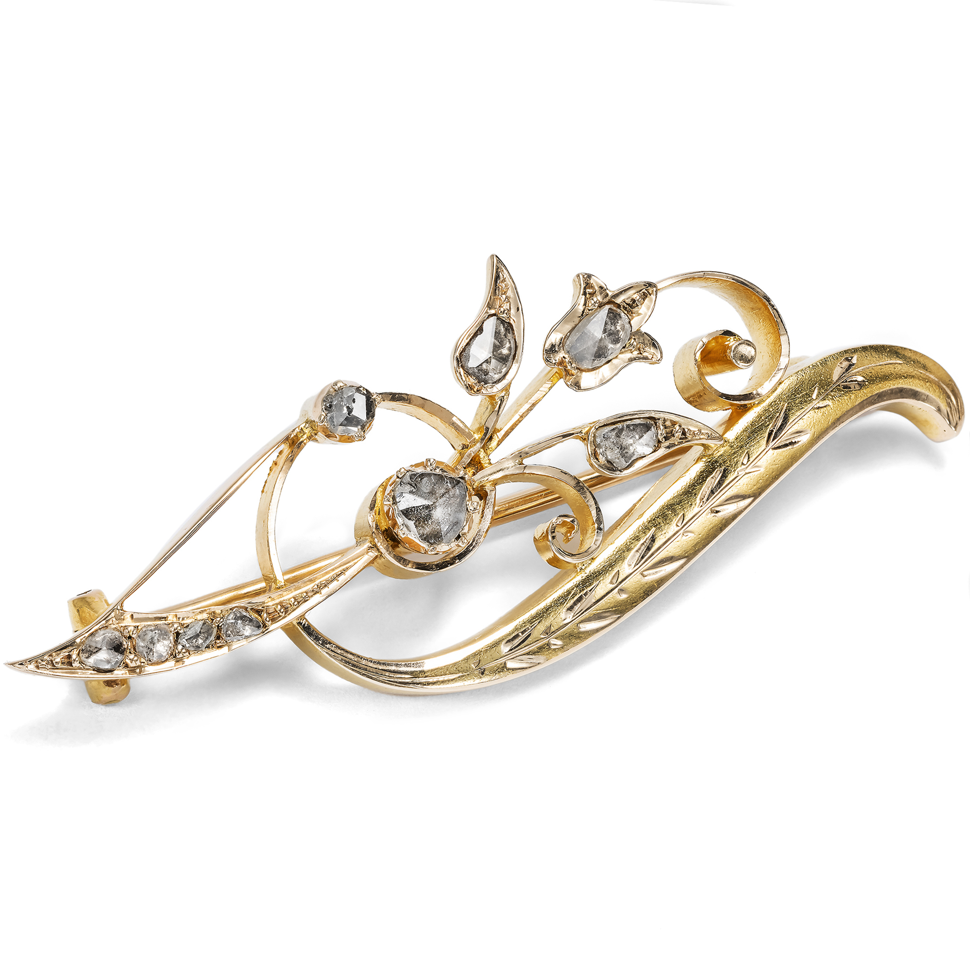 Antique brooch with diamond roses in gold, circa 1880