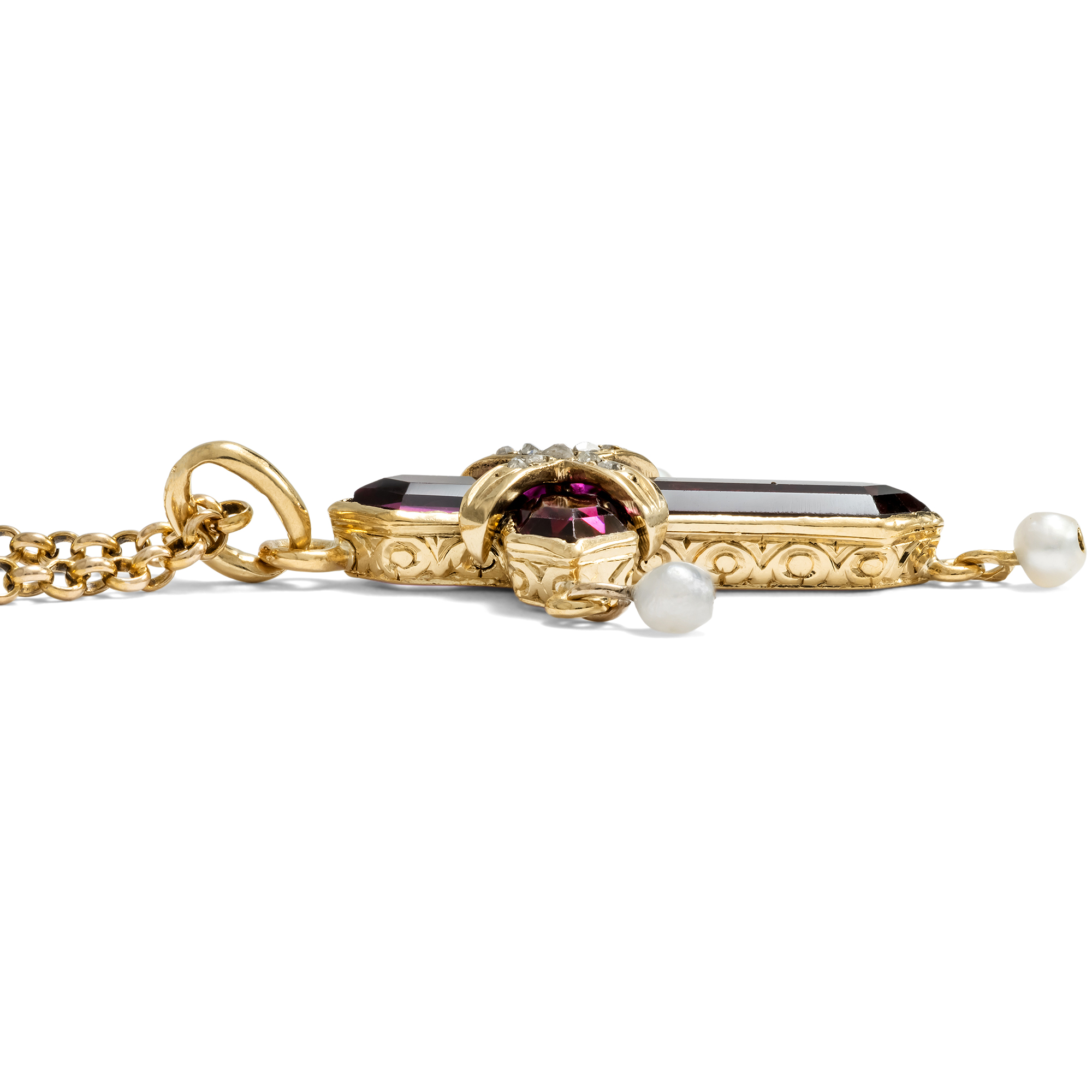 Antiker Kreuz-Anhänger mit Amethysten, Perlen & Diamanten in Gold, um 1895 Antiker Kreuz-Anhänger mit Amethysten, Perlen & Diamanten in Gold, um 1895