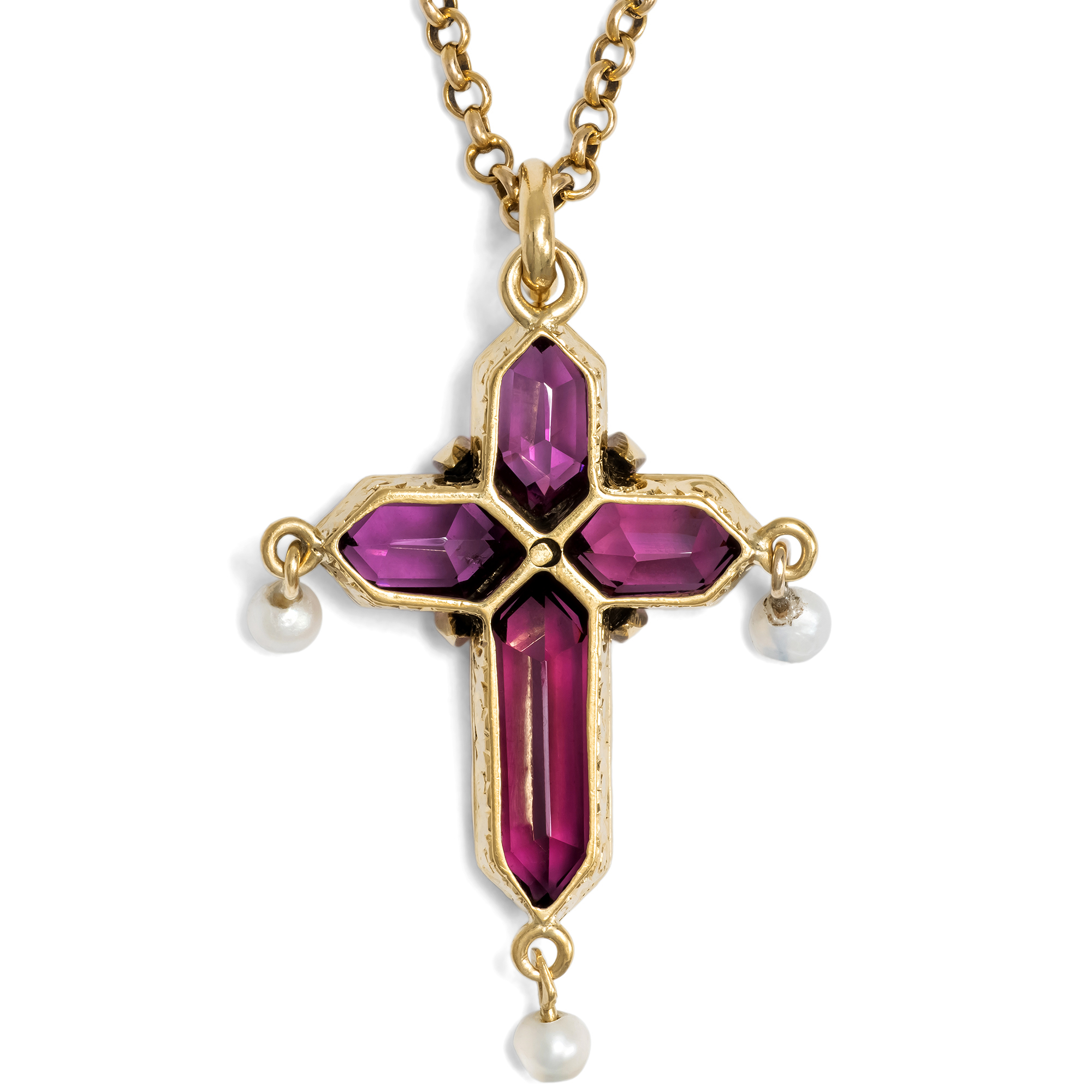 Antiker Kreuz-Anhänger mit Amethysten, Perlen & Diamanten in Gold, um 1895 Antiker Kreuz-Anhänger mit Amethysten, Perlen & Diamanten in Gold, um 1895