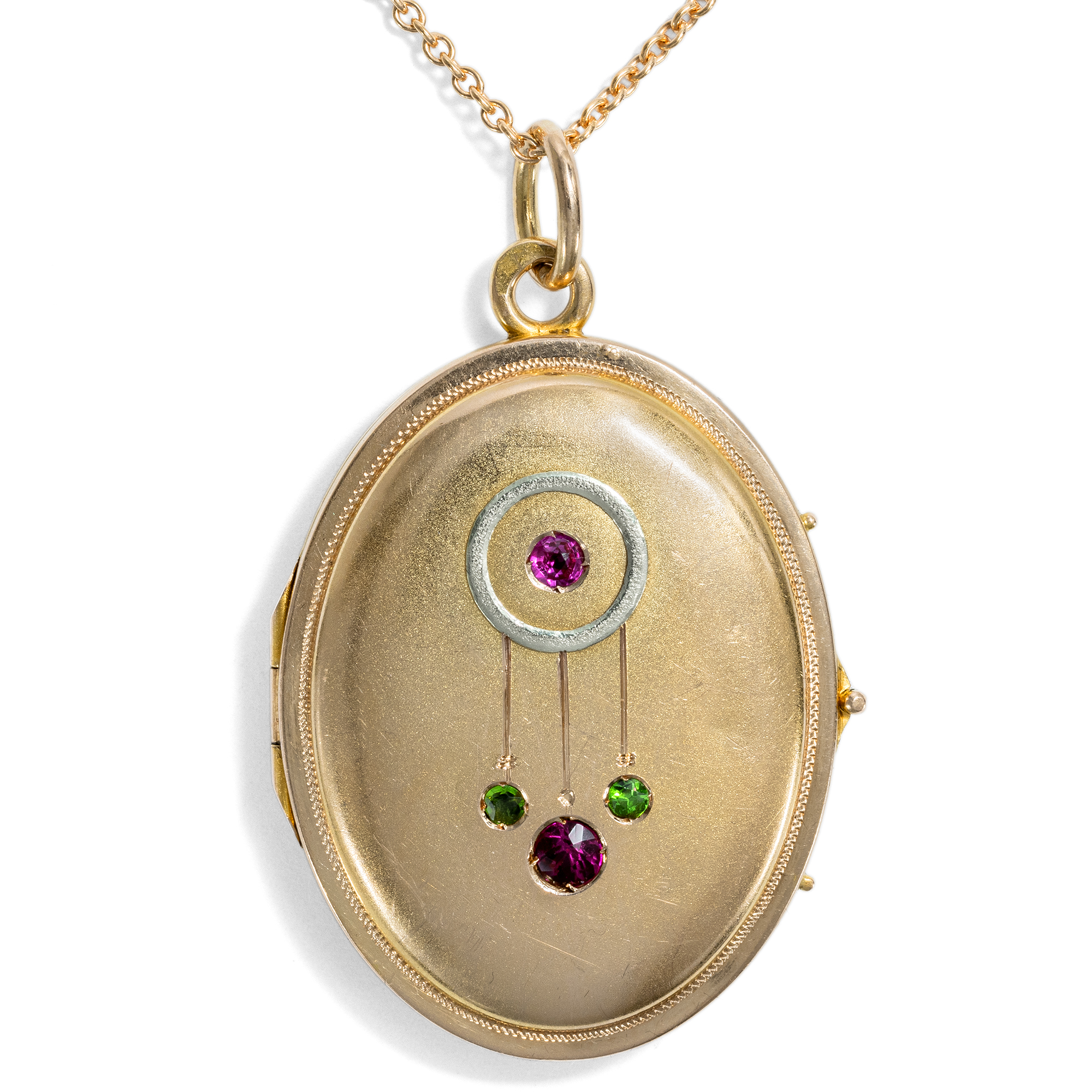 Antique Locket Pendant with Demantoids and Rubies in Gold, c. 1910