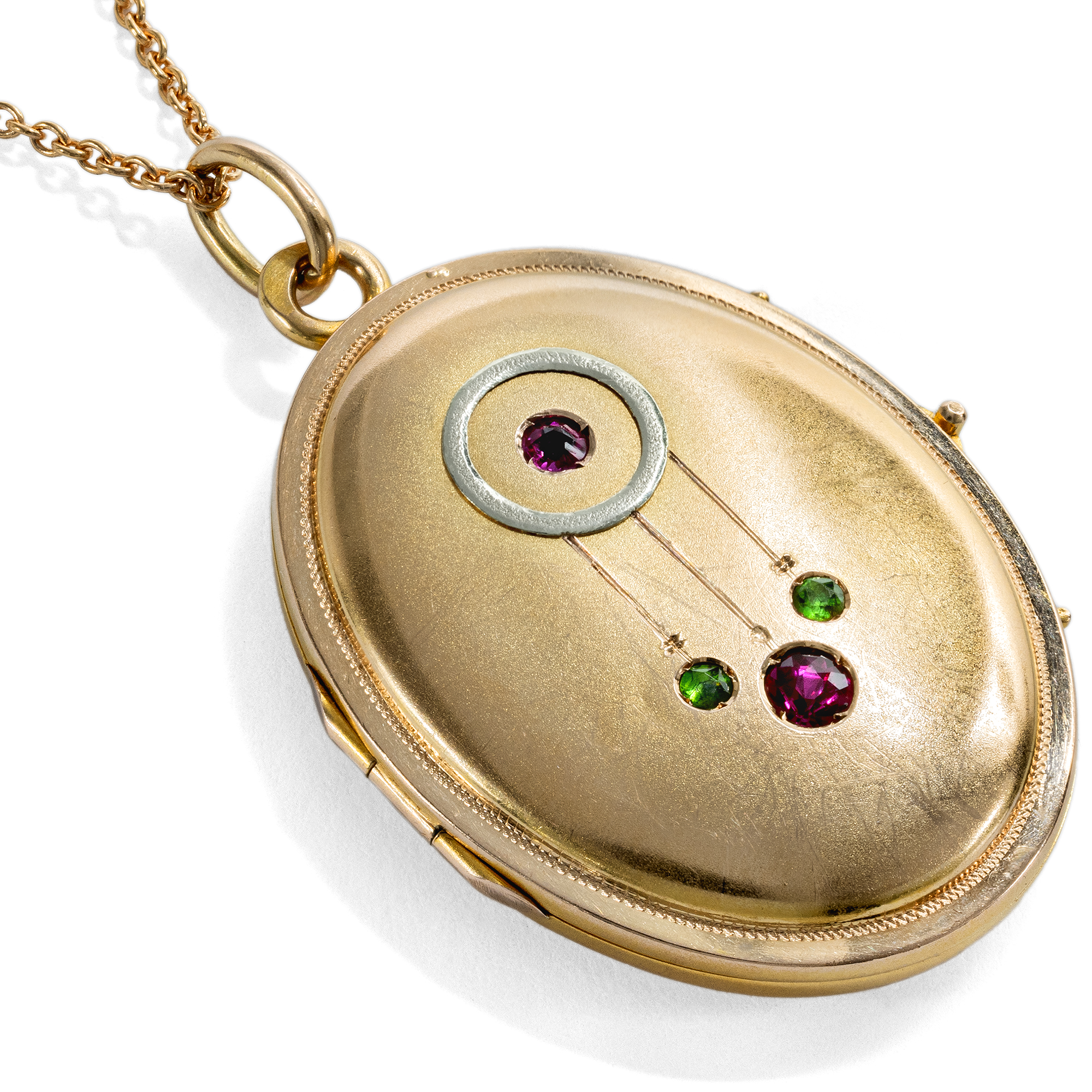 Antique Locket Pendant with Demantoids and Rubies in Gold, c. 1910