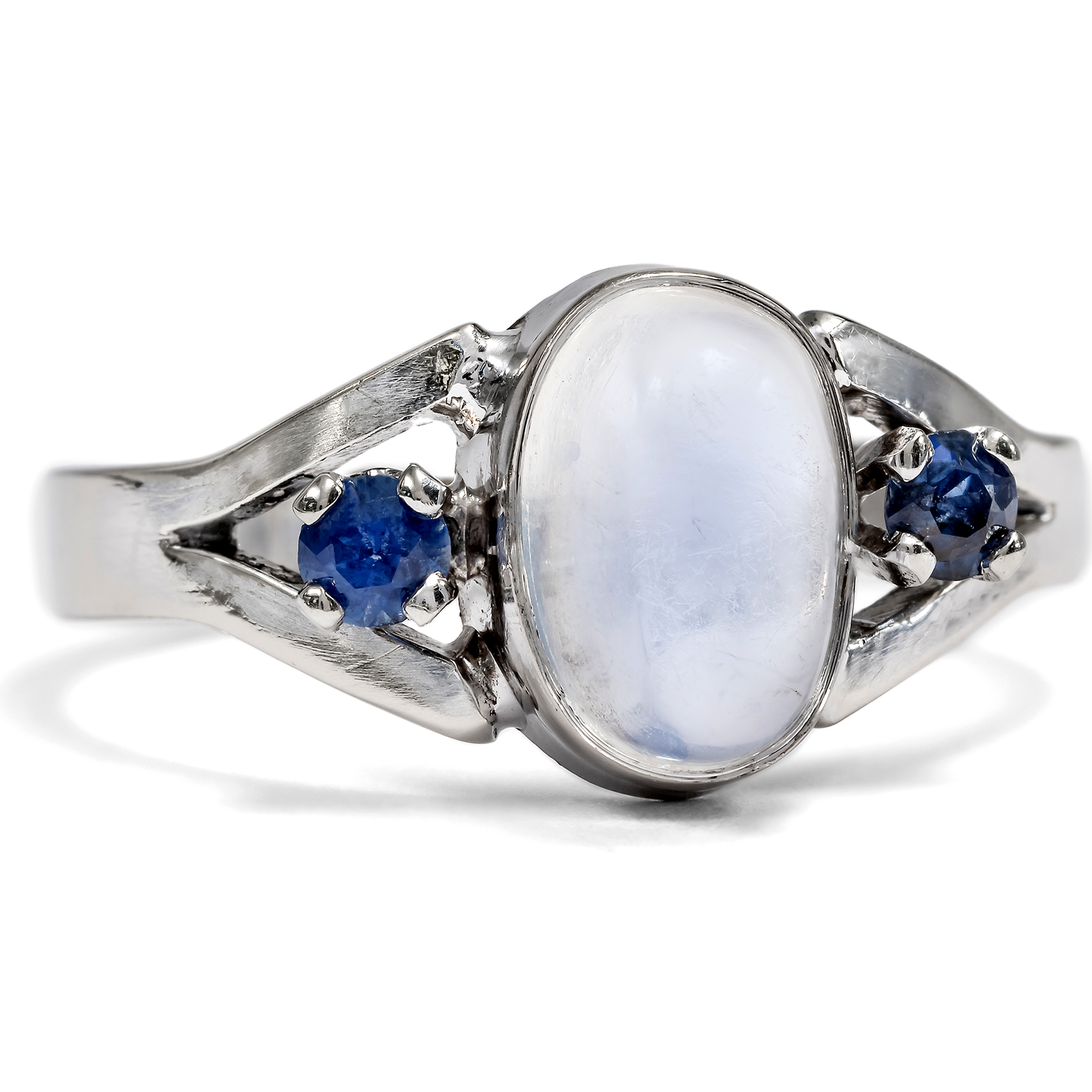 Vintage Moonstone & Sapphire Ring in White Gold, c. 1980s