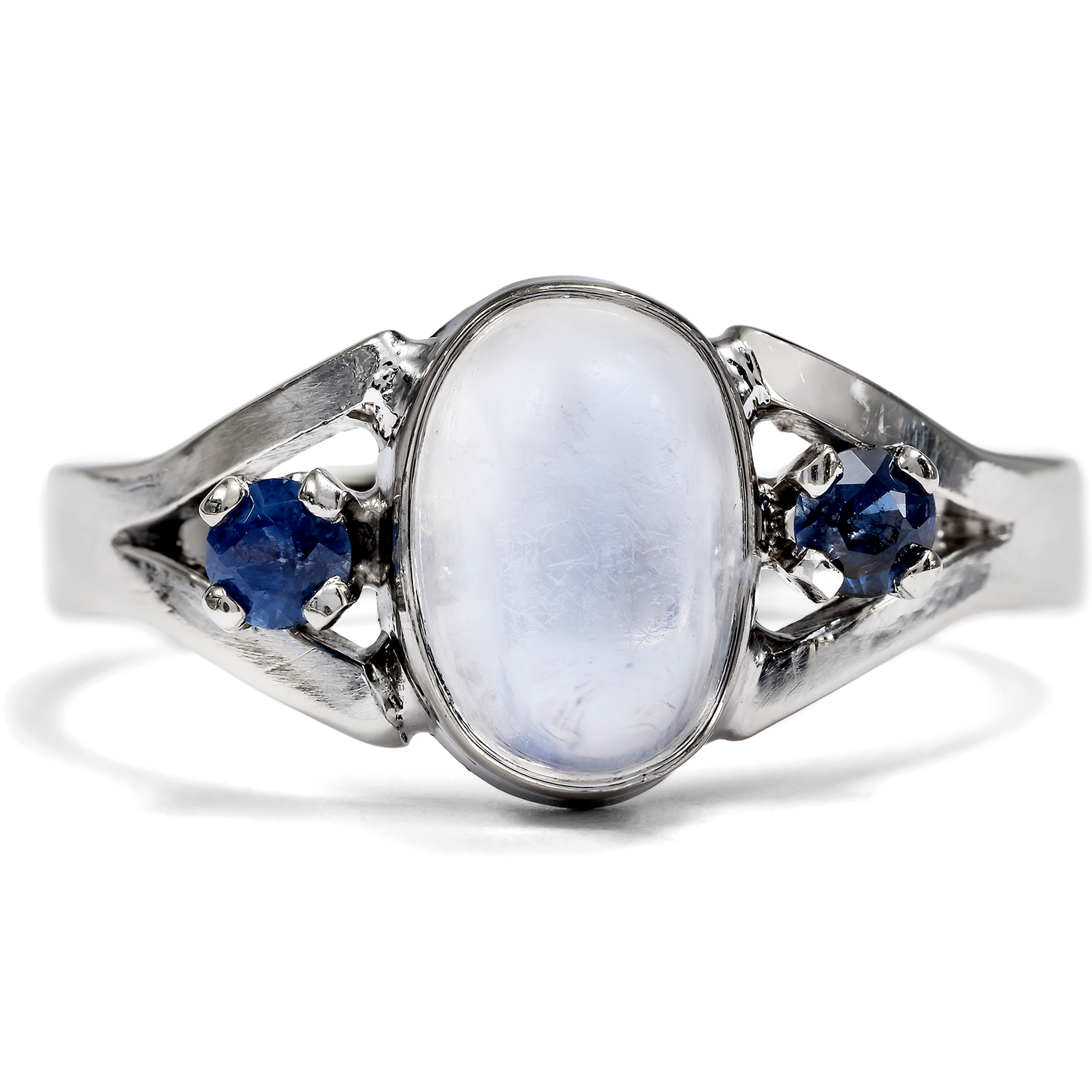 Vintage Moonstone & Sapphire Ring in White Gold, c. 1980s