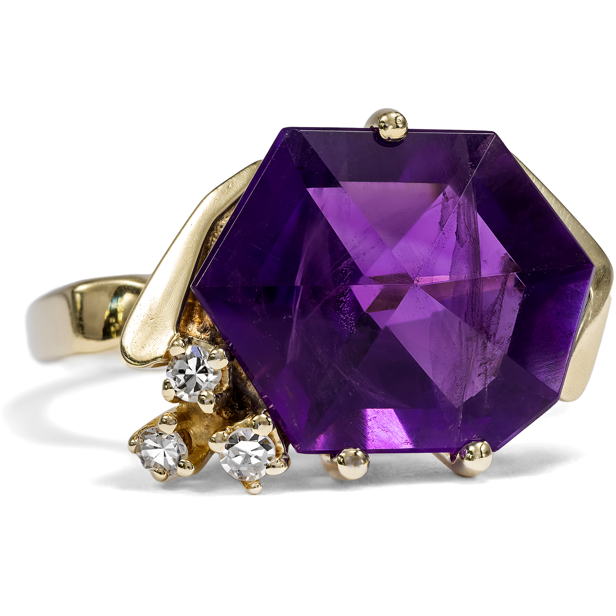 Expressiver vintage Ring mit Amethyst & Diamanten in Gold, Idar-Oberstein um 1985