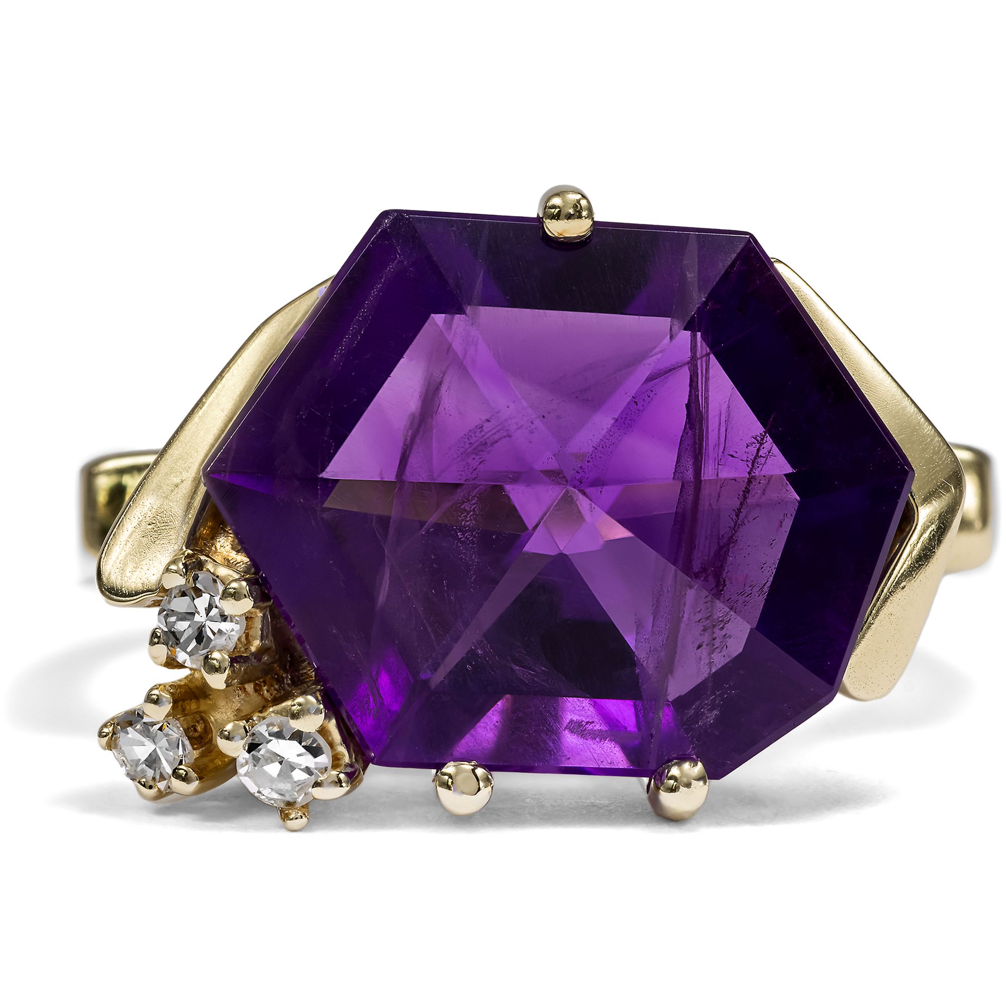 Expressiver vintage Ring mit Amethyst & Diamanten in Gold, Idar-Oberstein um 1985