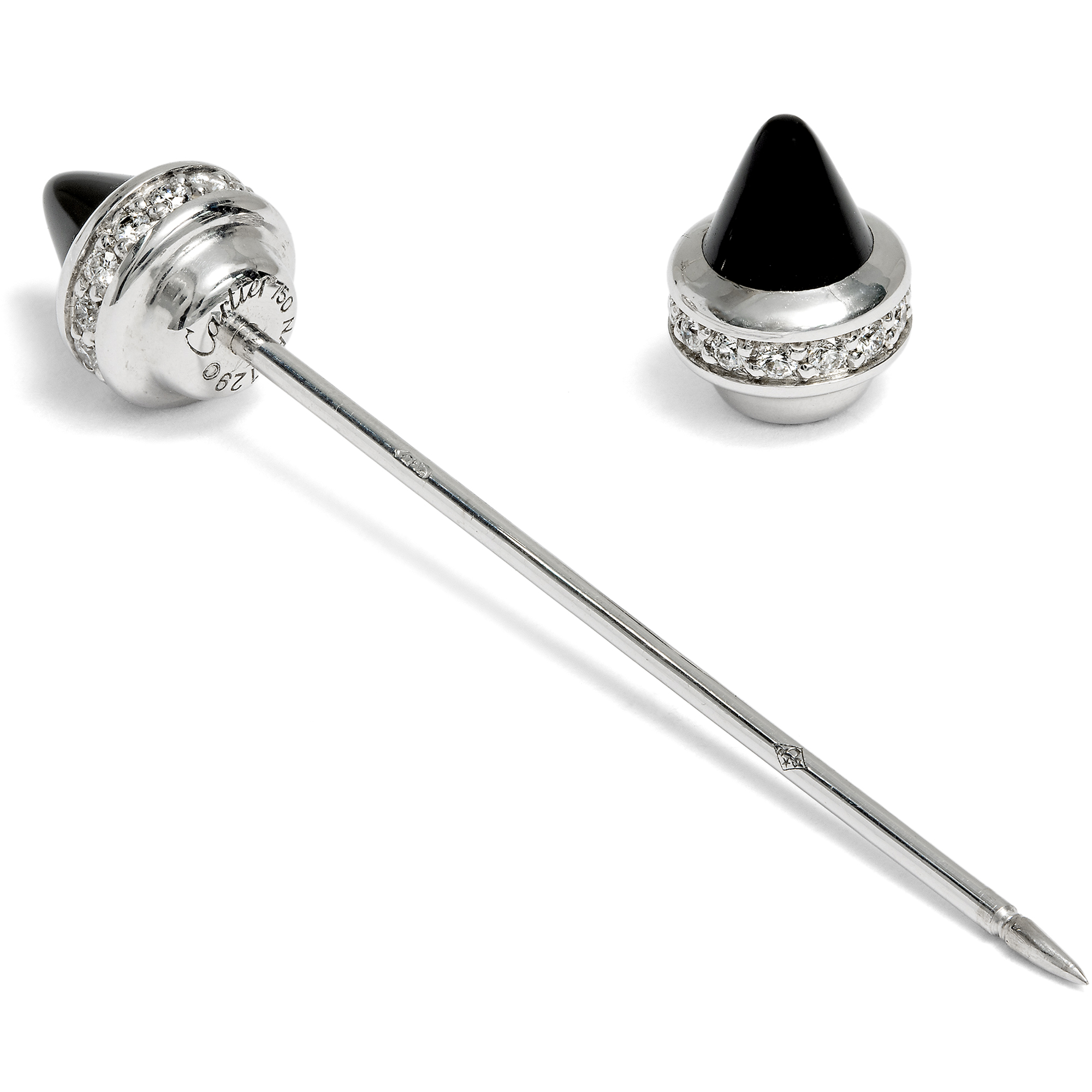 Elegante Jabot-Nadel von Cartier mit Diamanten & Onyx in Weißgold, Paris 2003 Elegante Jabot-Nadel von Cartier mit Diamanten & Onyx in Weißgold, Paris 2003