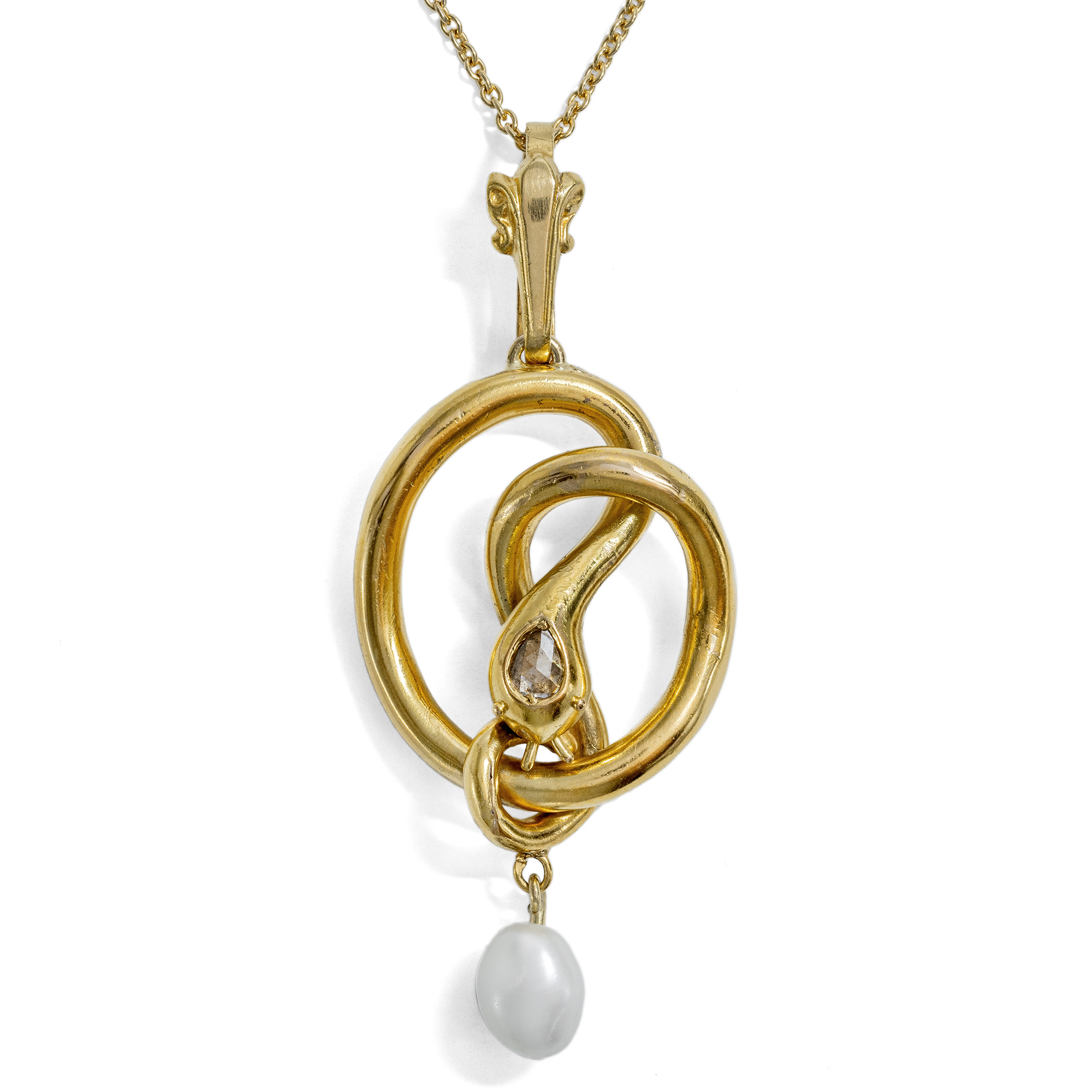 Antique Snake Pendant with Diamond & Pearl in Gold, c. 1890 & later