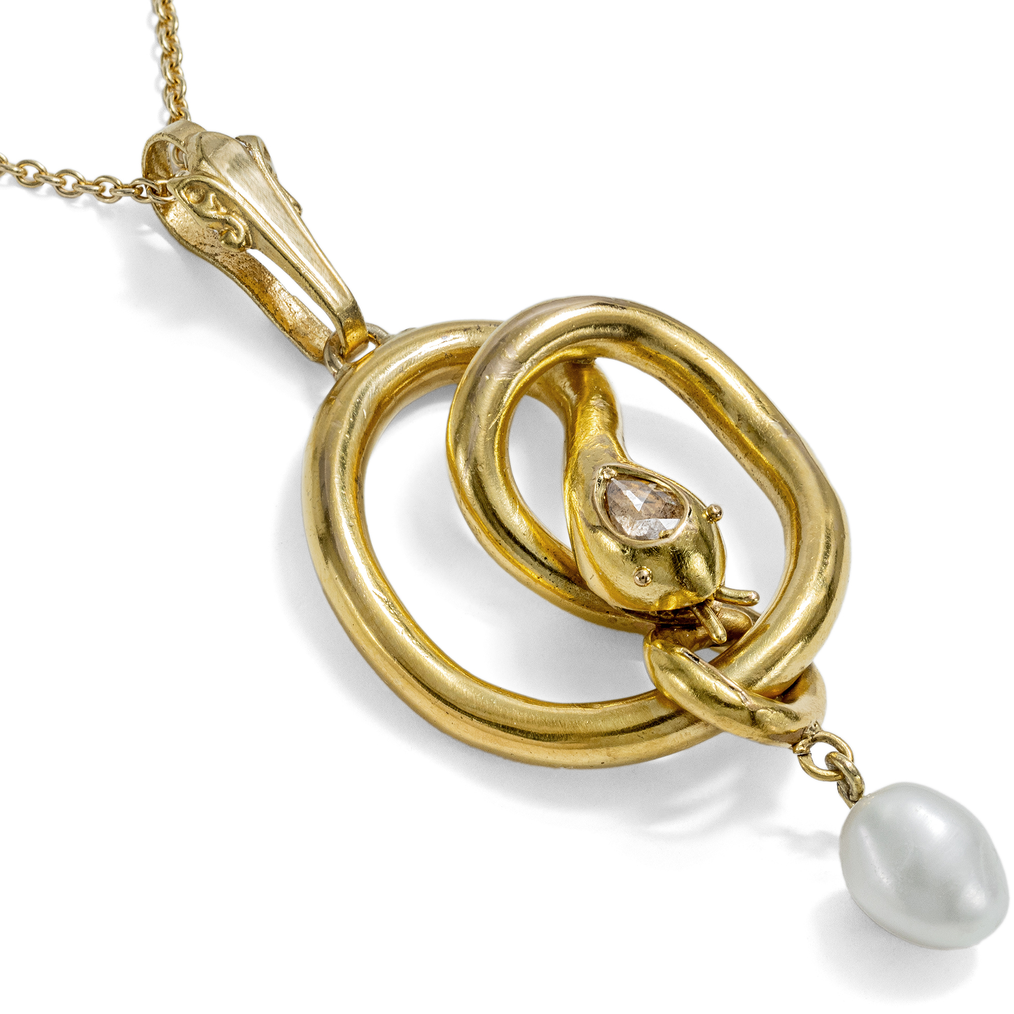 Antique Snake Pendant with Diamond & Pearl in Gold, c. 1890 & later