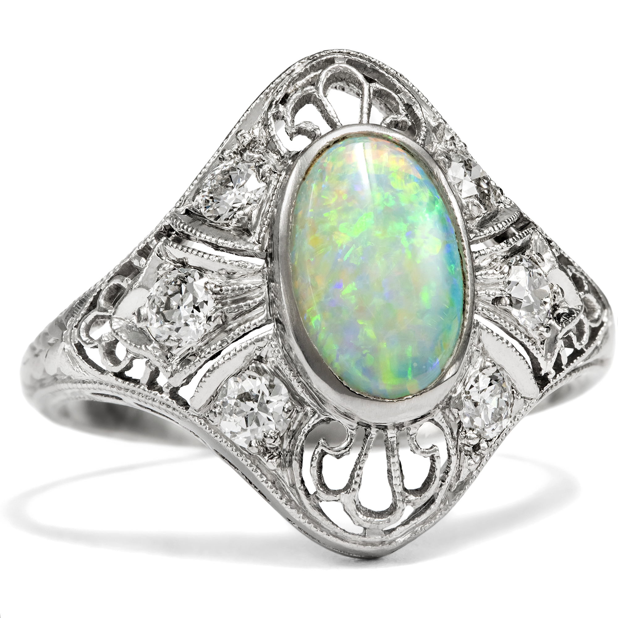 Antique Australian Opal and Diamond Ring in Platinum, American, c. 1925