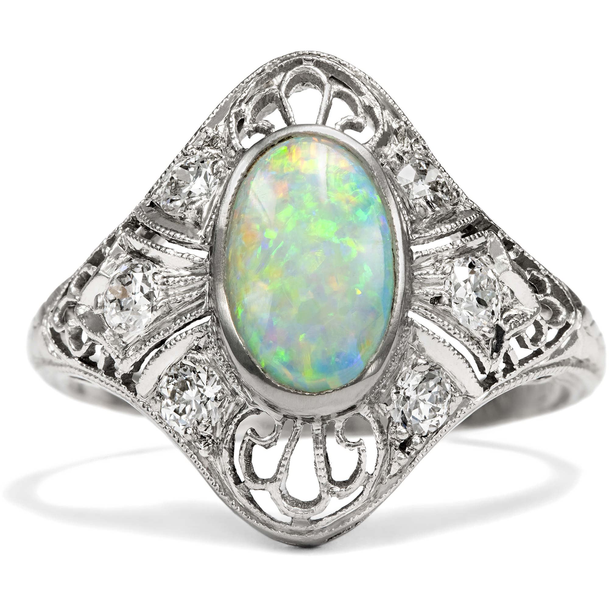 Antique Australian Opal and Diamond Ring in Platinum, American, c. 1925