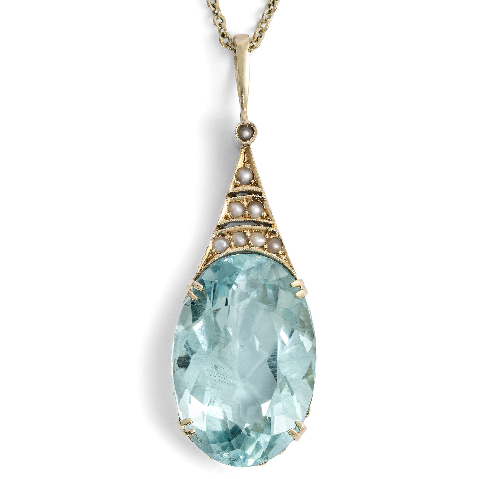 Delicate antique pendant with aquamarine & pearls in gold, circa 1910